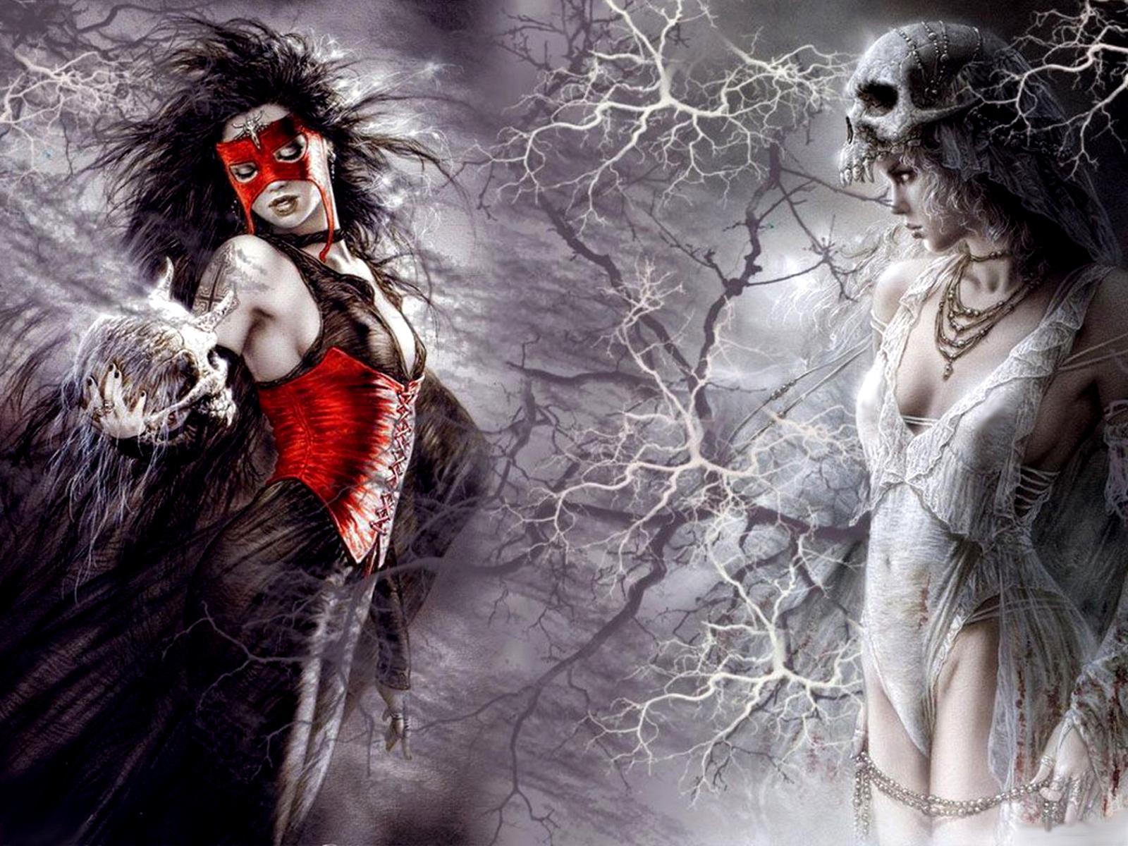 1600x1200 Luis Royo art fantasy dark mood good evil women skull babes skull wallpaperx1200