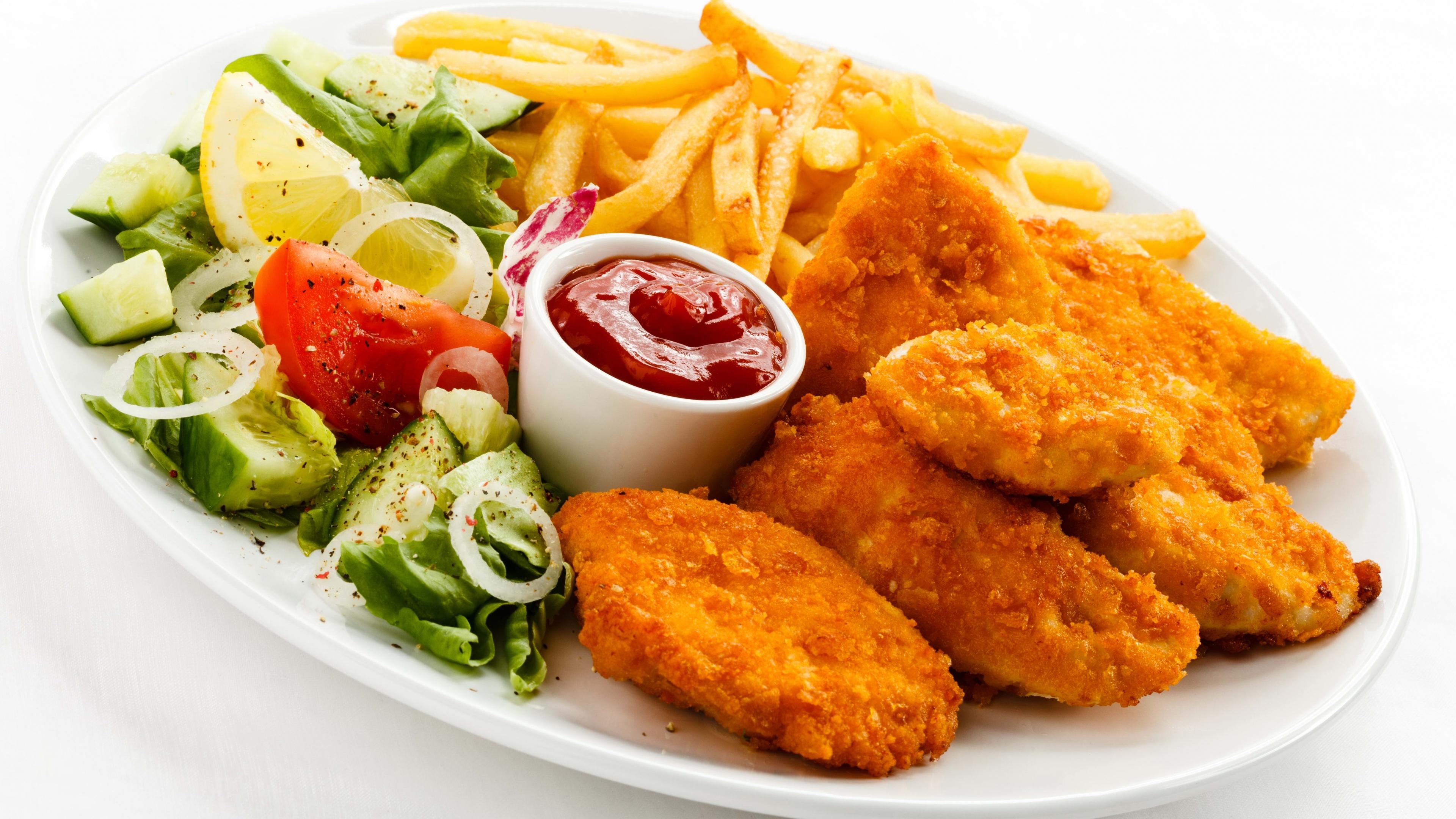 3840x2160 Fried Chicken French Fries Ketchup Food Wallpaper:3840x2160