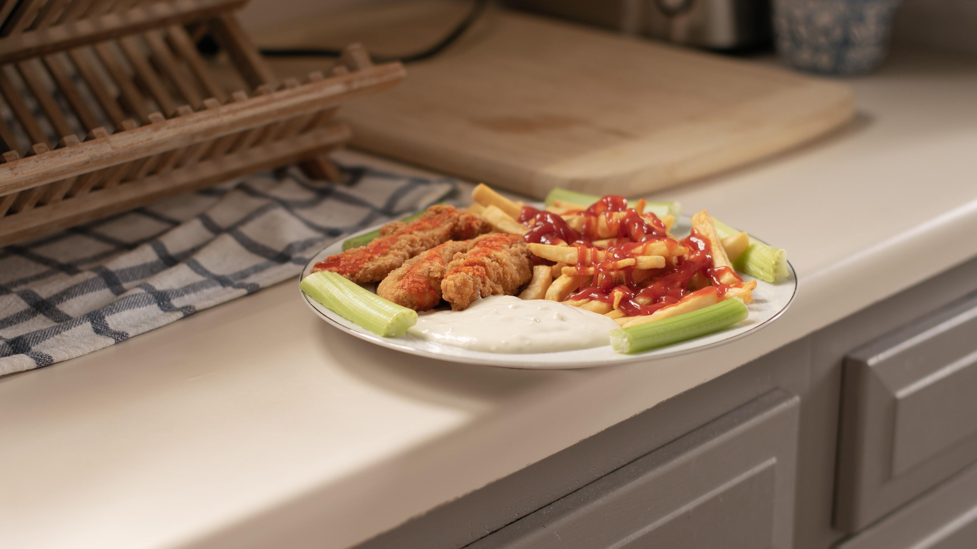 3840x2160 4K, food, ketchup, French fries, fried chicken, celery. Mocah HD Wallpaper