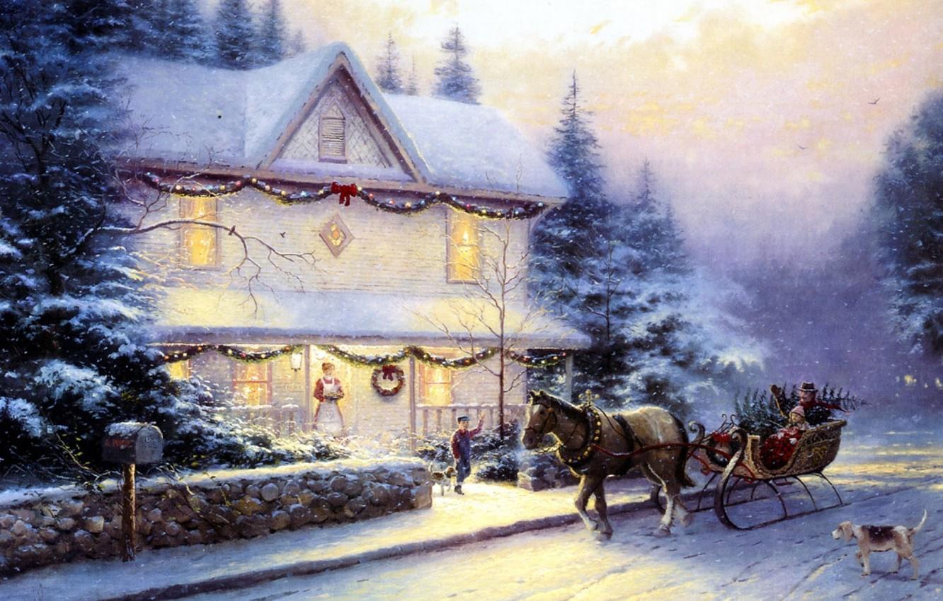 1332x850 Wallpaper road, people, horse, the fence, dog, picture, ate, wagon, tree, sleigh, painting, Christmas, cottage, stone, embellished, Holiday image for desktop, section живопись
