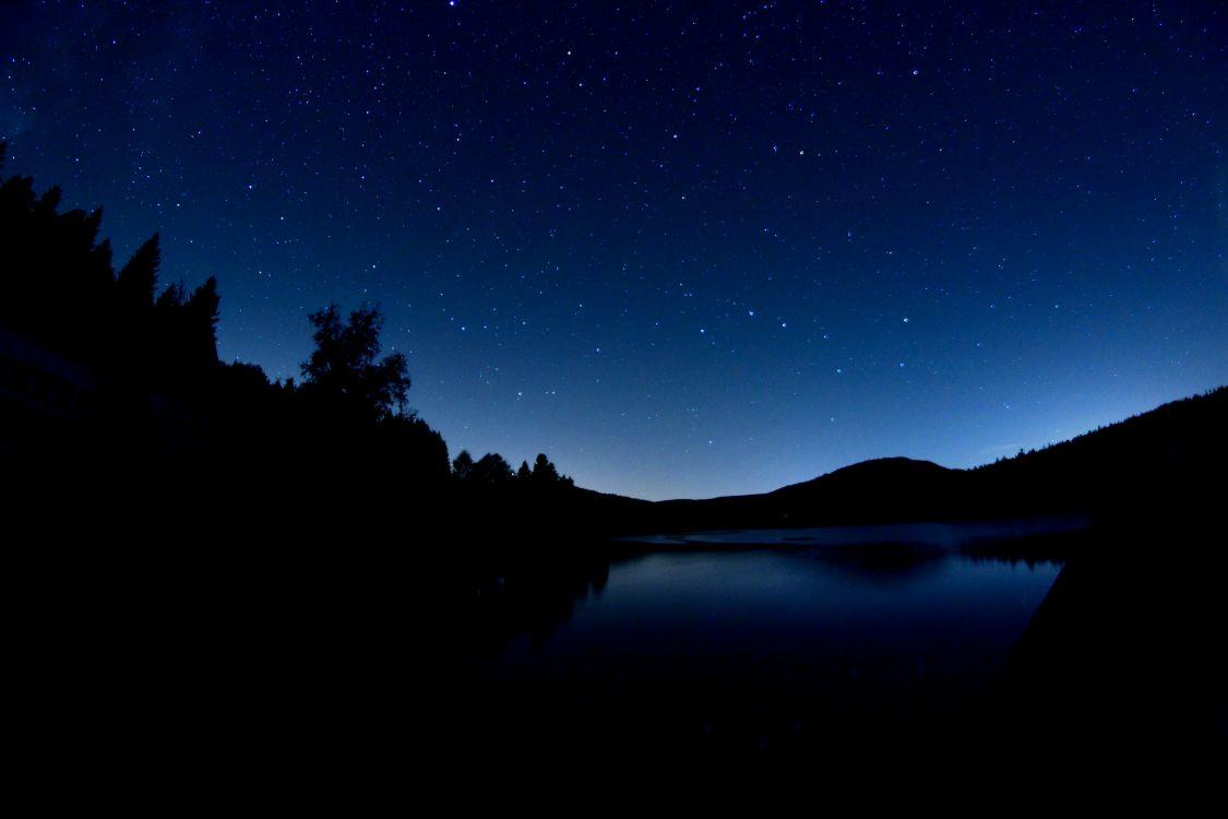 1125x750 Wallpaper Silhouette of Trees Near Body of Water During Night Time, Background Free Image