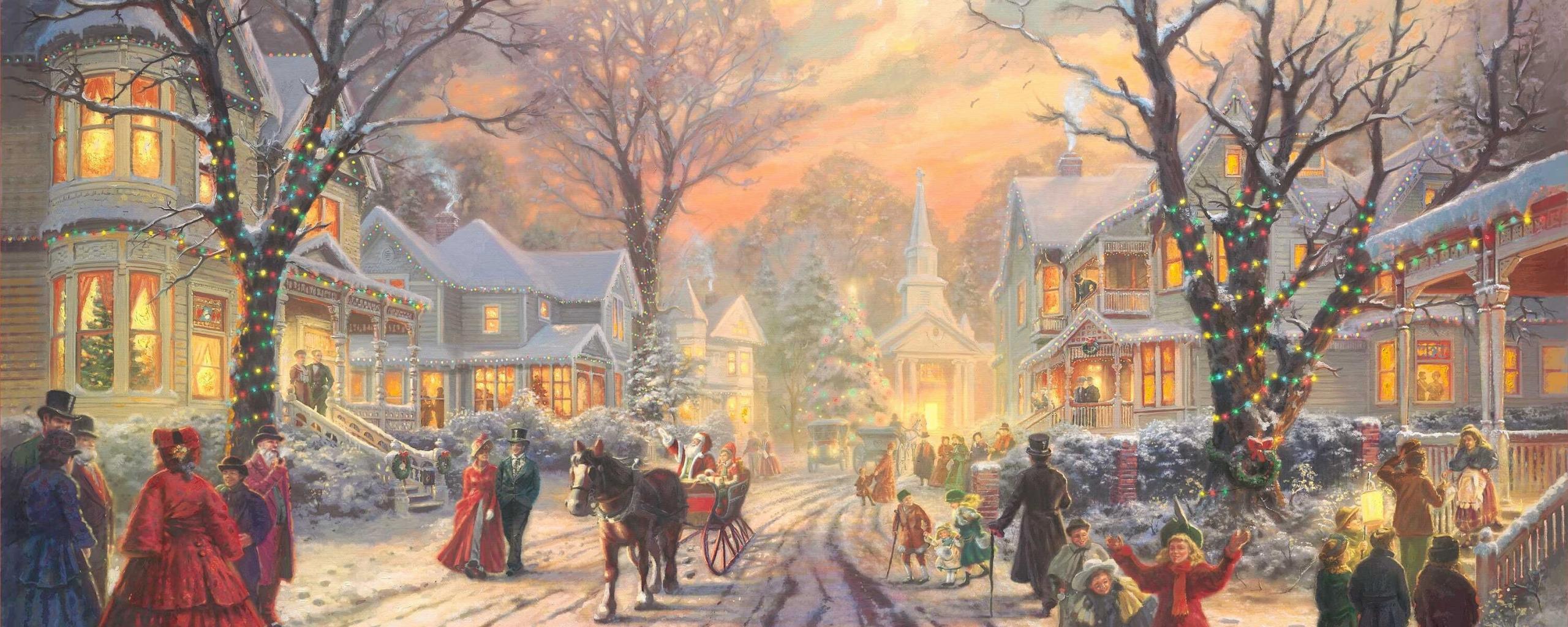 2560x1024 Download wallpaper holiday, picture, lights, Christmas, Santa, tree, painting, new, Thomas Kinkade, painting, Thomas Kinkade, Christmas, Santa, Christmas tree, Christmas lights, section painting in resolution 2560x1024