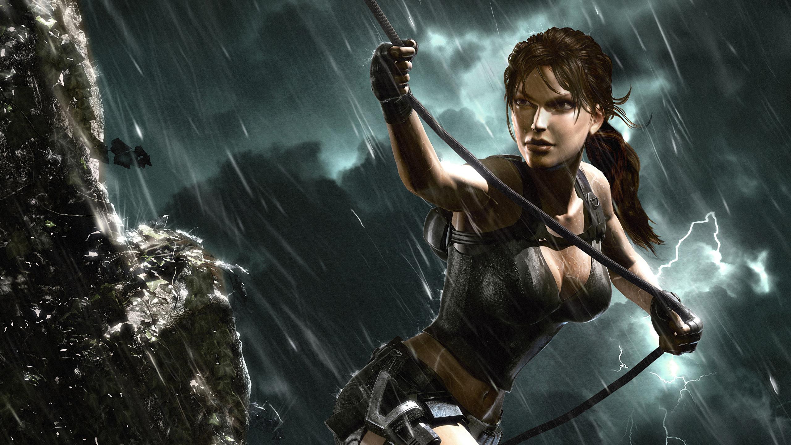 2560x1440 Photos Tomb Raider Underworld Lara Croft Girls Rain Games 2560x1440