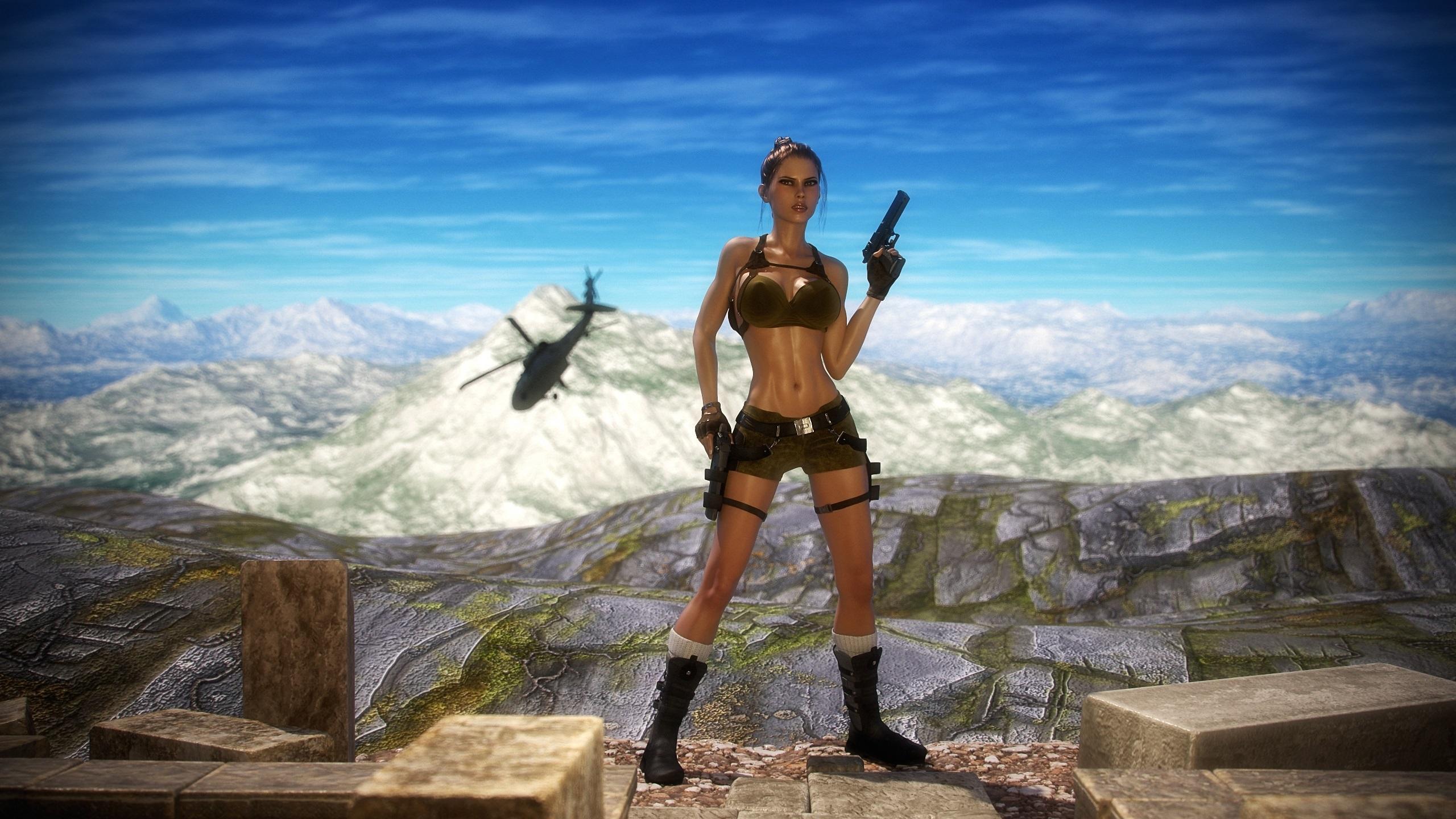 2560x1440 Wallpaper Tomb Raider, Lara Croft, gun, helicopter, mountains 2560x1440 QHD Picture, Image