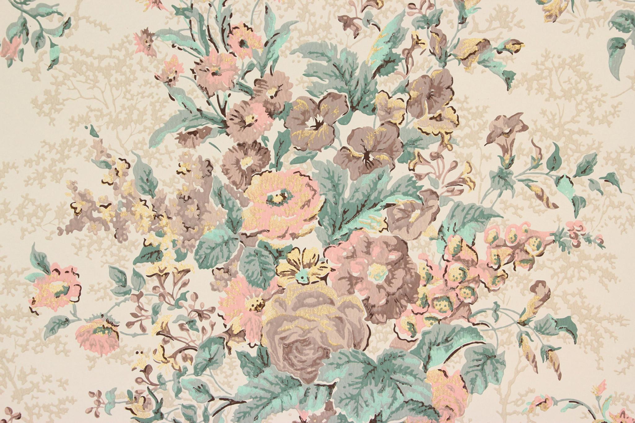 2048x1365 1950s Vintage Wallpaper Large Pink and Brown Bouquets's Vintage Wallpaper