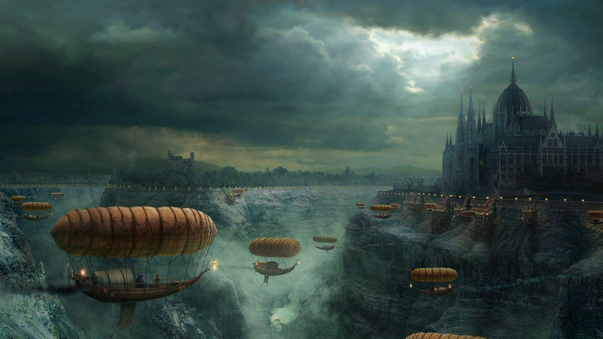 1920x1080 castles steampunk fantasy art vehicles airship