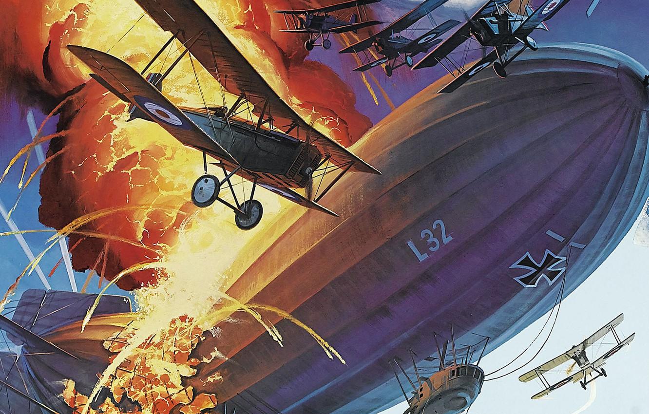 1332x850 Wallpaper the sky, fire, flame, battle, art, the airship, air, aircraft, The first world war image for desktop, section авиация