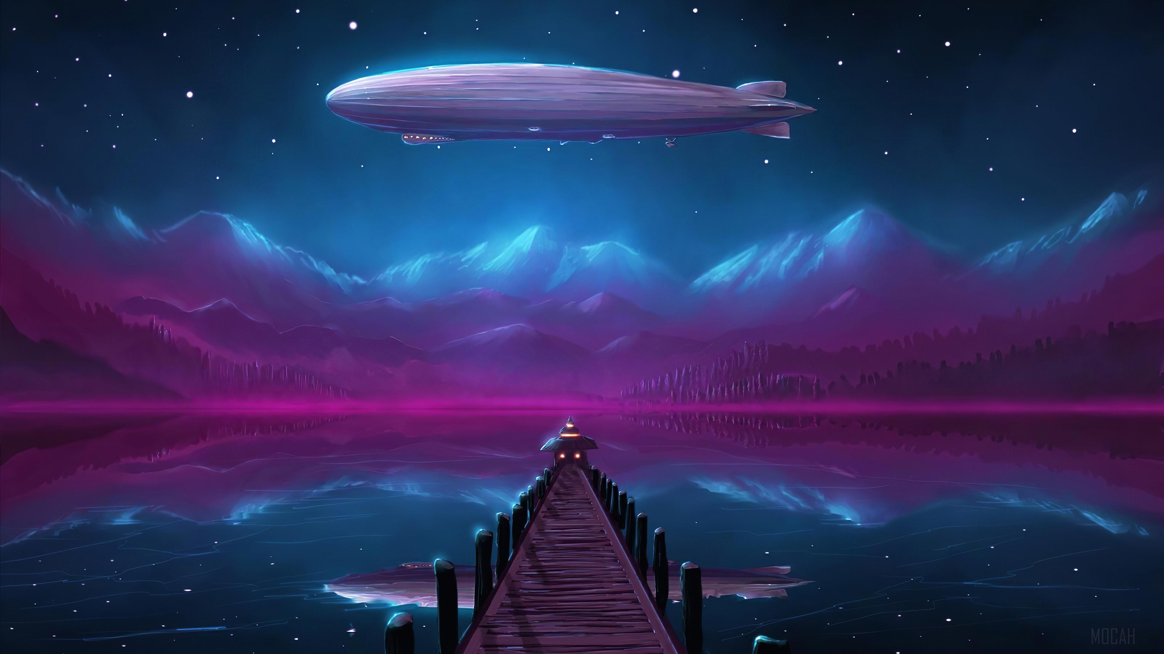 3840x2160 Zeppelin, Night, Lake, Scenery, Digital Art 4k wallpaper. Mocah HD Wallpaper