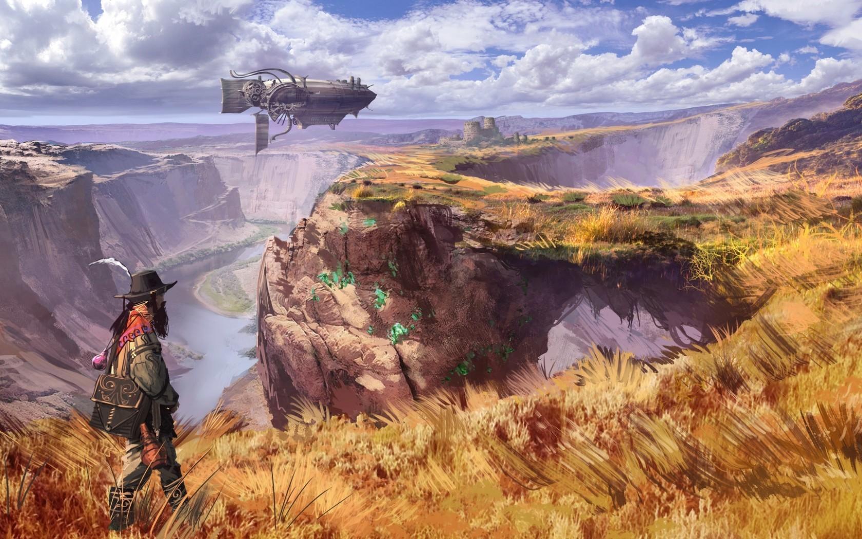 1680x1050 Steampunk World, Airship, Wanderer, Futuristic Landscape
