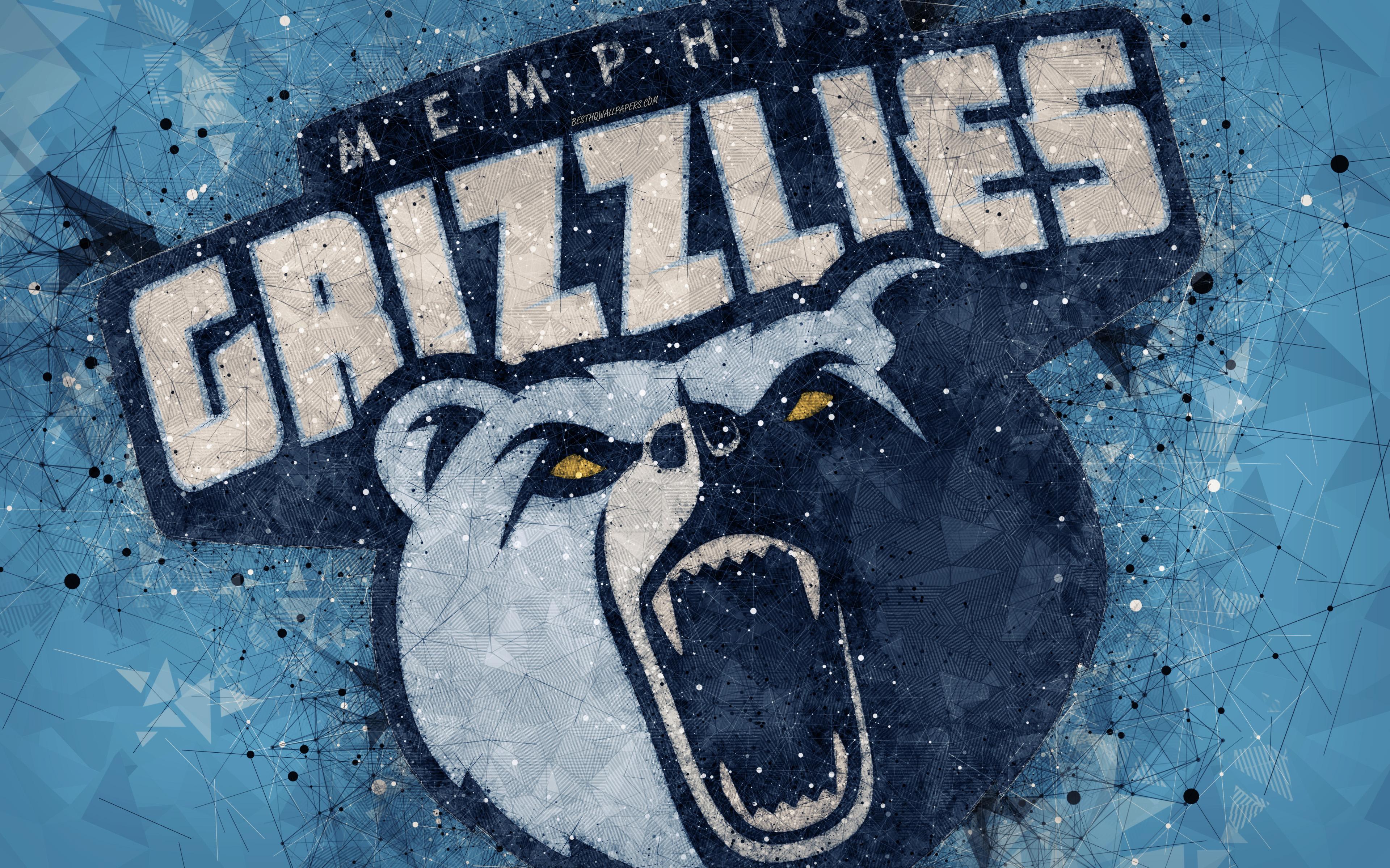 3840x2400 Download wallpaper Memphis Grizzlies, 4K, creative geometric logo, American basketball club, Bears, creative art, NBA, emblem, mosaic, blue abstract background, National Basketball Association, Memphis, Tennessee, USA, basketball for desktop