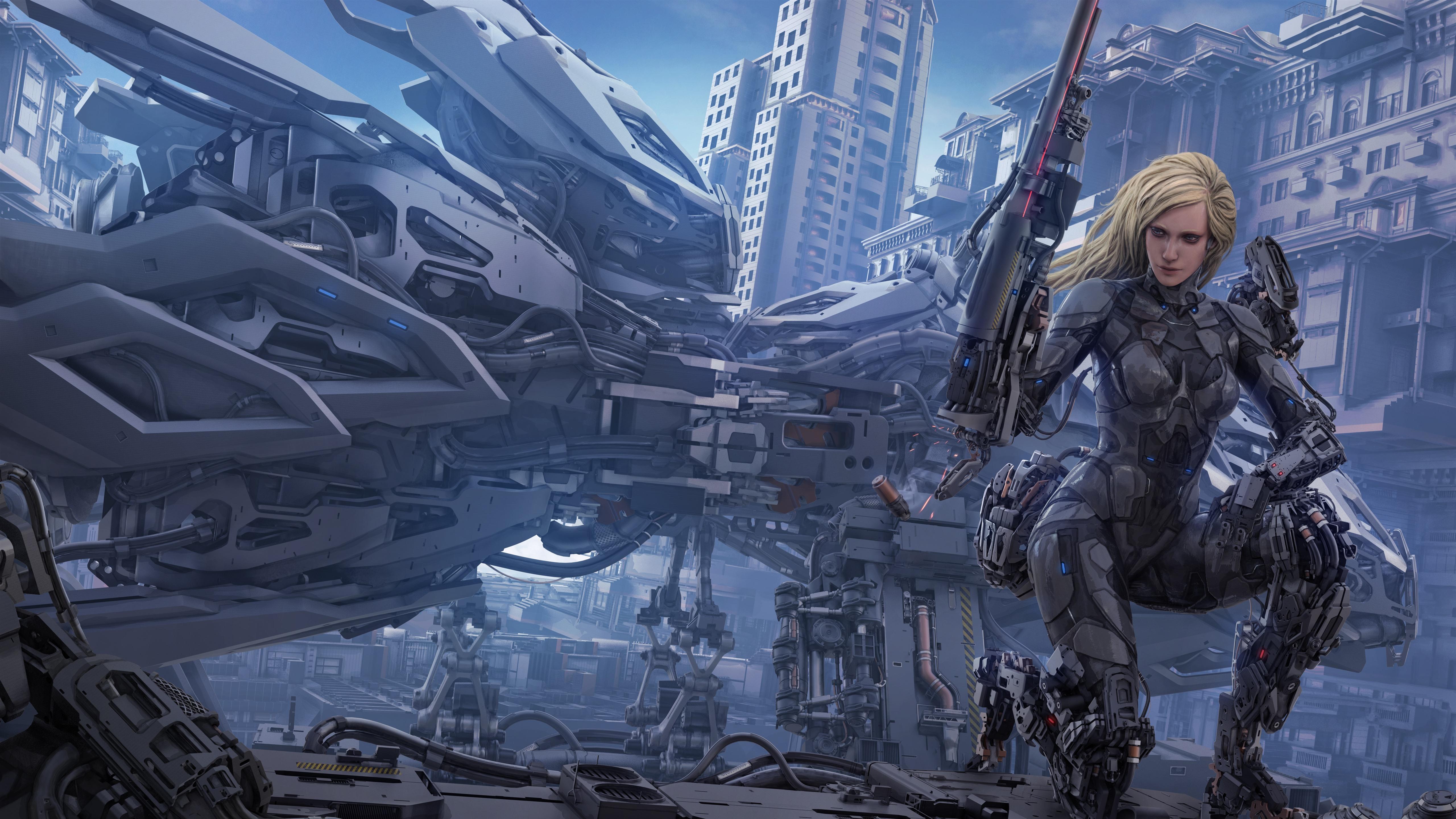 5120x2880 Wallpaper Cyborg, blonde girl, weapon, city, fantasy art 5120x2880 UHD 5K Picture, Image