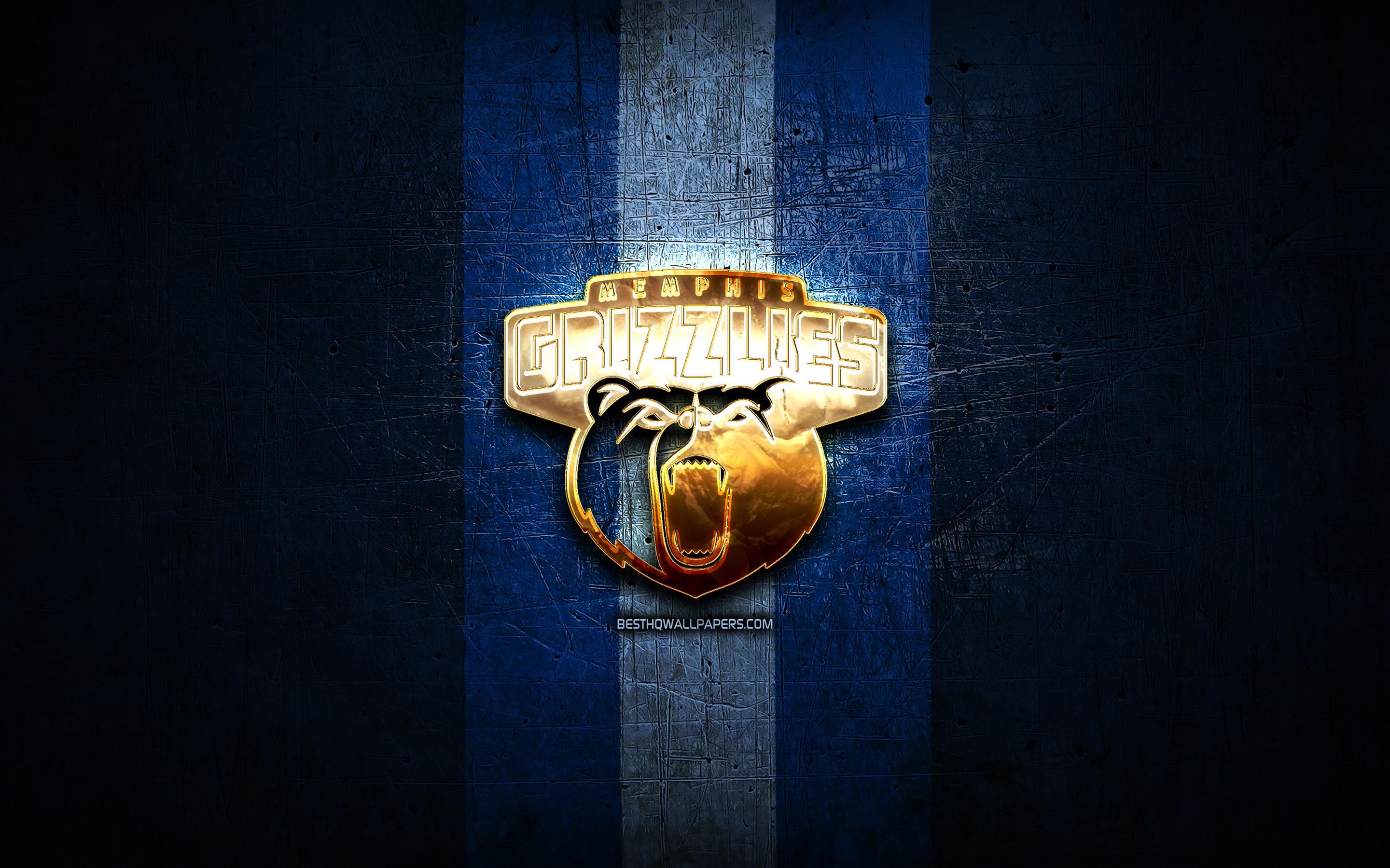 2880x1800 Download wallpaper Memphis Grizzlies, golden logo, NBA, blue metal background, american basketball club, Memphis Grizzlies logo, basketball, USA for desktop with resolution 2880x1800. High Quality HD picture wallpaper