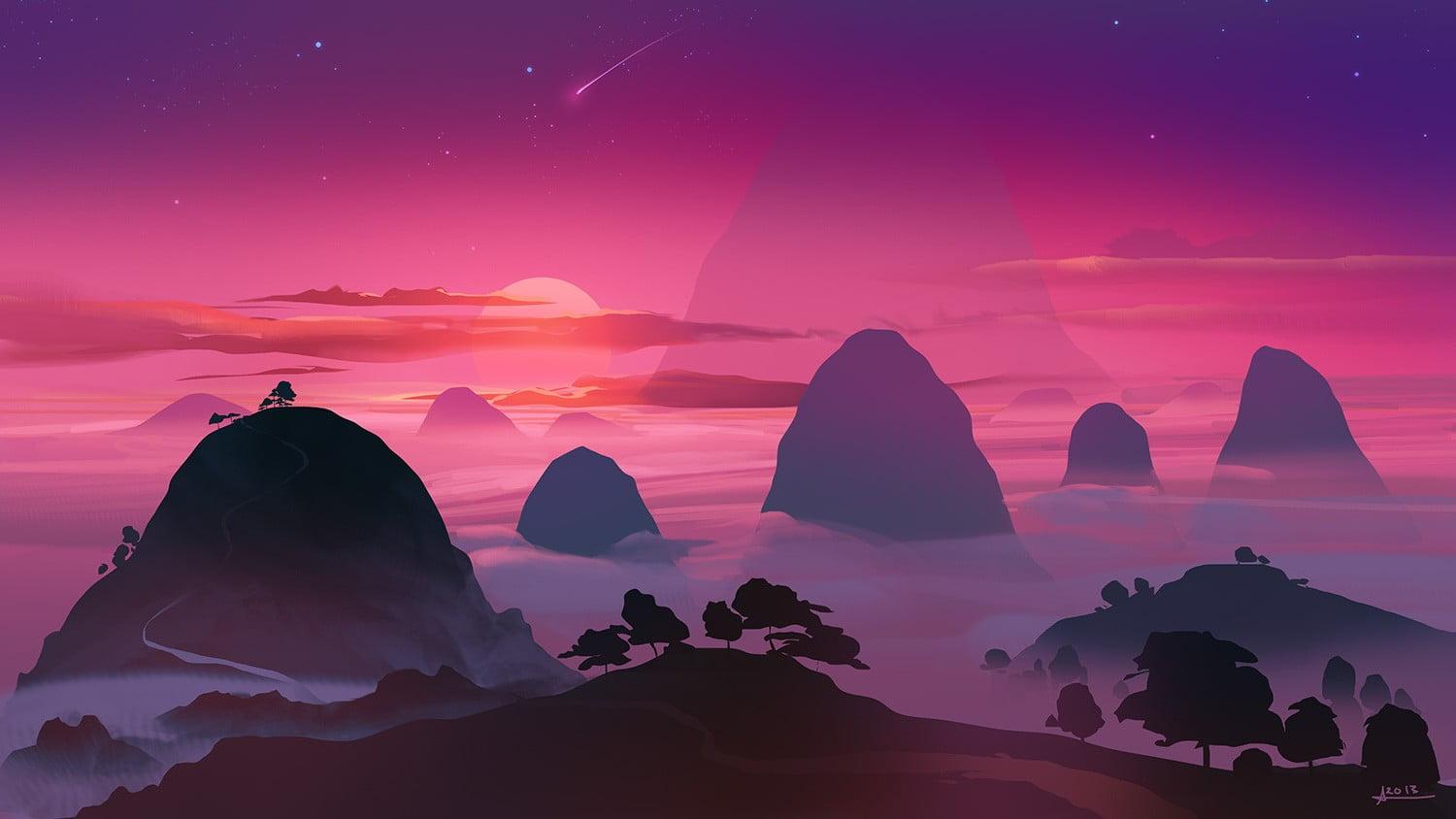 1500x844 Mountains illustration, artwork, sunset, sky, stars, beauty in nature • Wallpaper For You HD Wallpaper For Desktop & Mobile