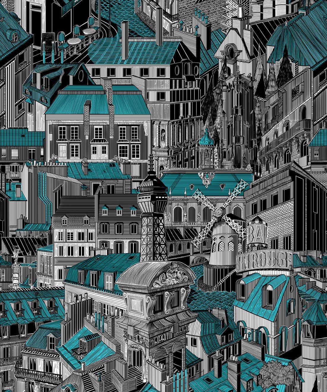 1100x1318 Paris Rooftops, Unique Illustrative Designer Wallpaper