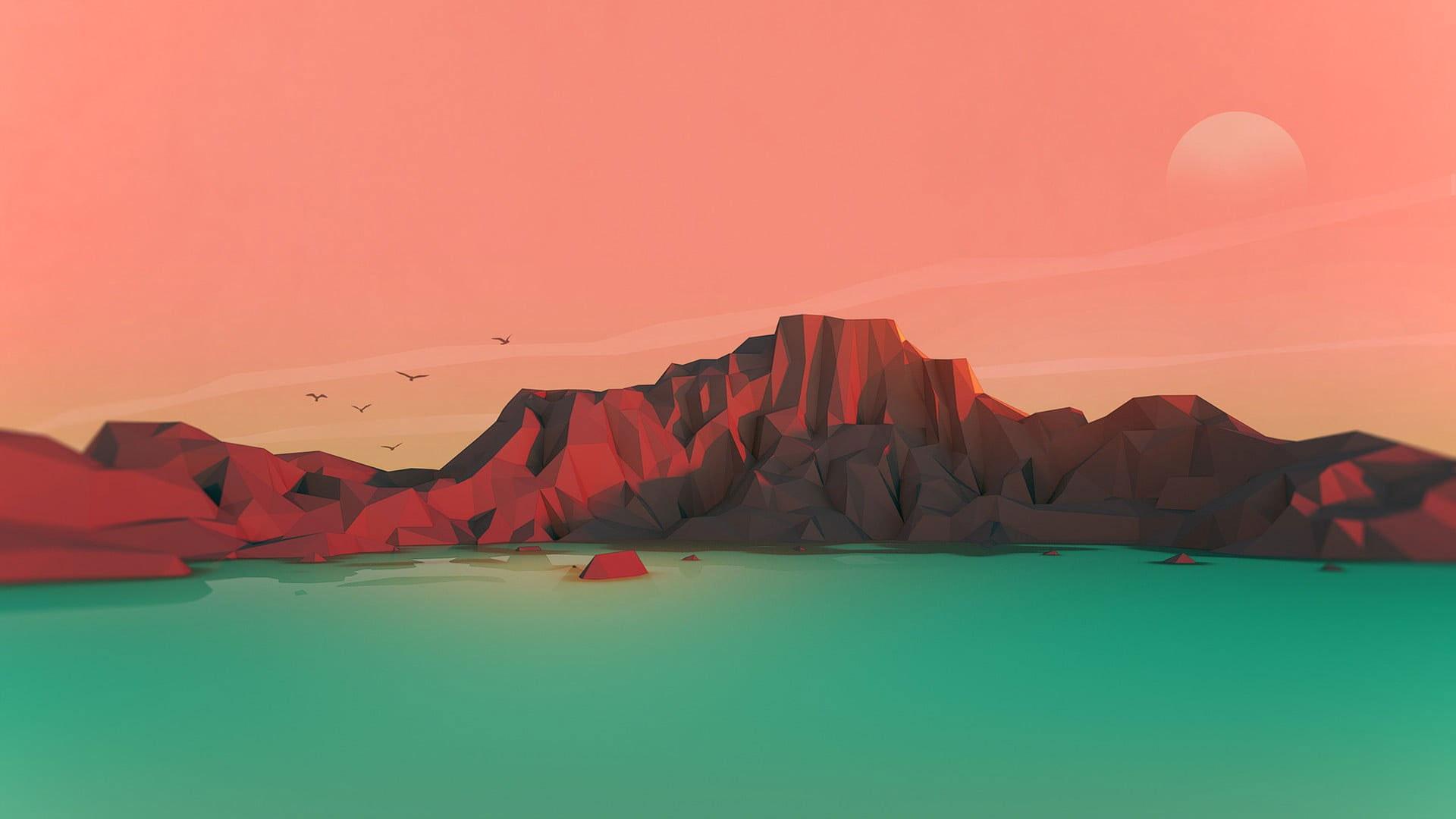 1920x1080 Brown mountain illustration wallpaper, sunset, digital art, mountains, low poly • Wallpaper For You HD Wallpaper For Desktop & Mobile