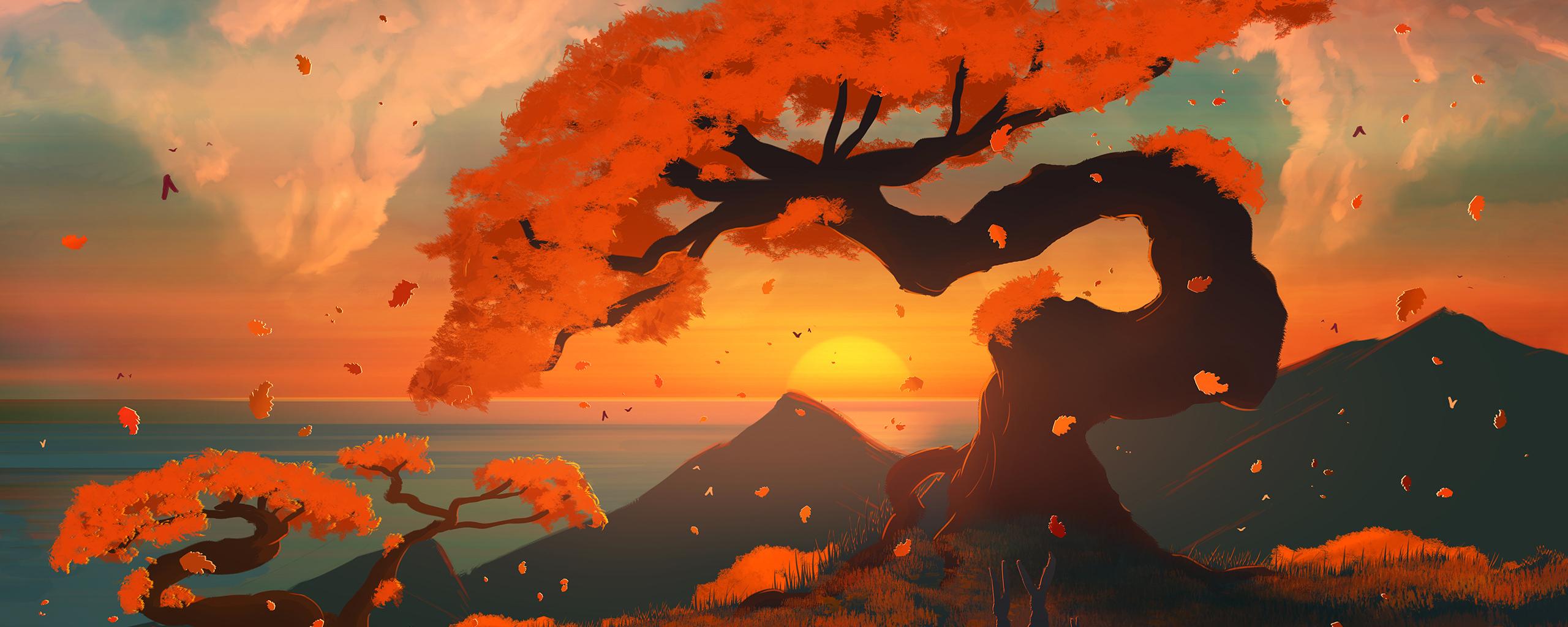 2560x1024 Desktop Wallpaper Sunset, Tree, Lake, Nature, Art, HD Image, Picture, Background, C4792a