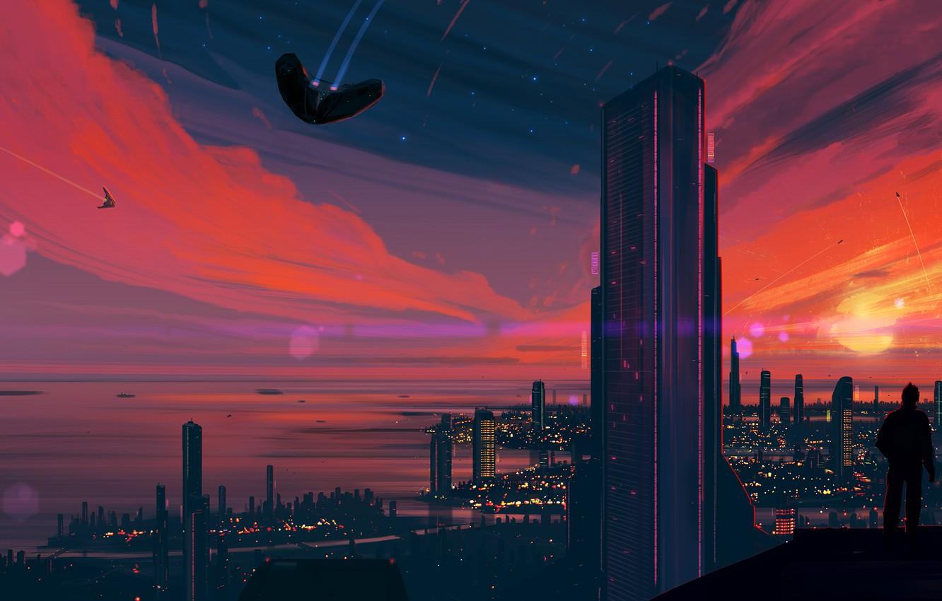 1332x850 Wallpaper Sunset, The sun, The city, Silhouette, Skyscrapers, Building, City, Art, Blik, Spaceships, Fiction, Josef Bartoň, by Josef Bartoň, by JoeyJazz, by Joey Jazz, Highrise image for desktop, section арт