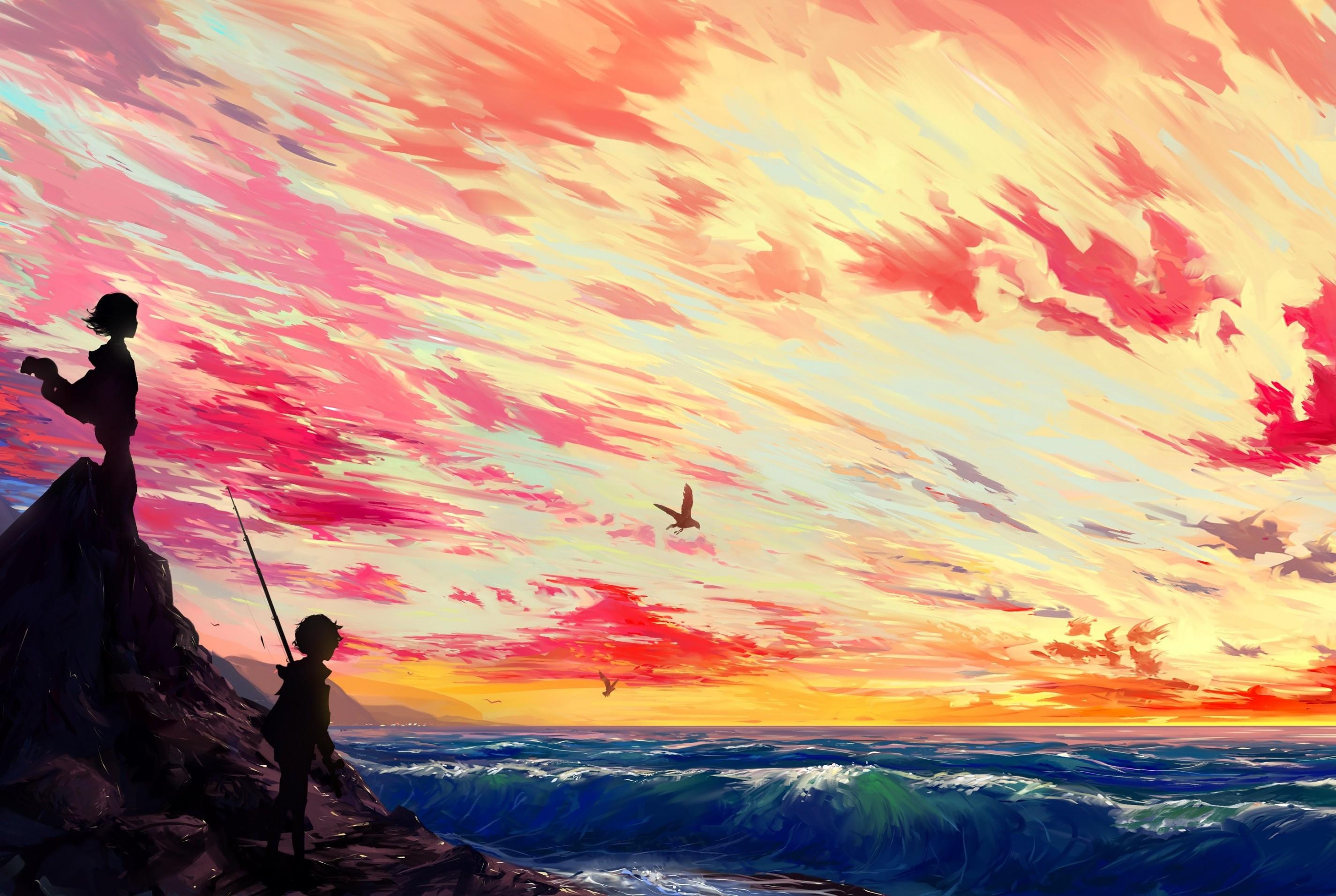 2850x1912 Download 2850x1912 Anime Landscape, Scenic, Sunset, Illustration Wallpaper