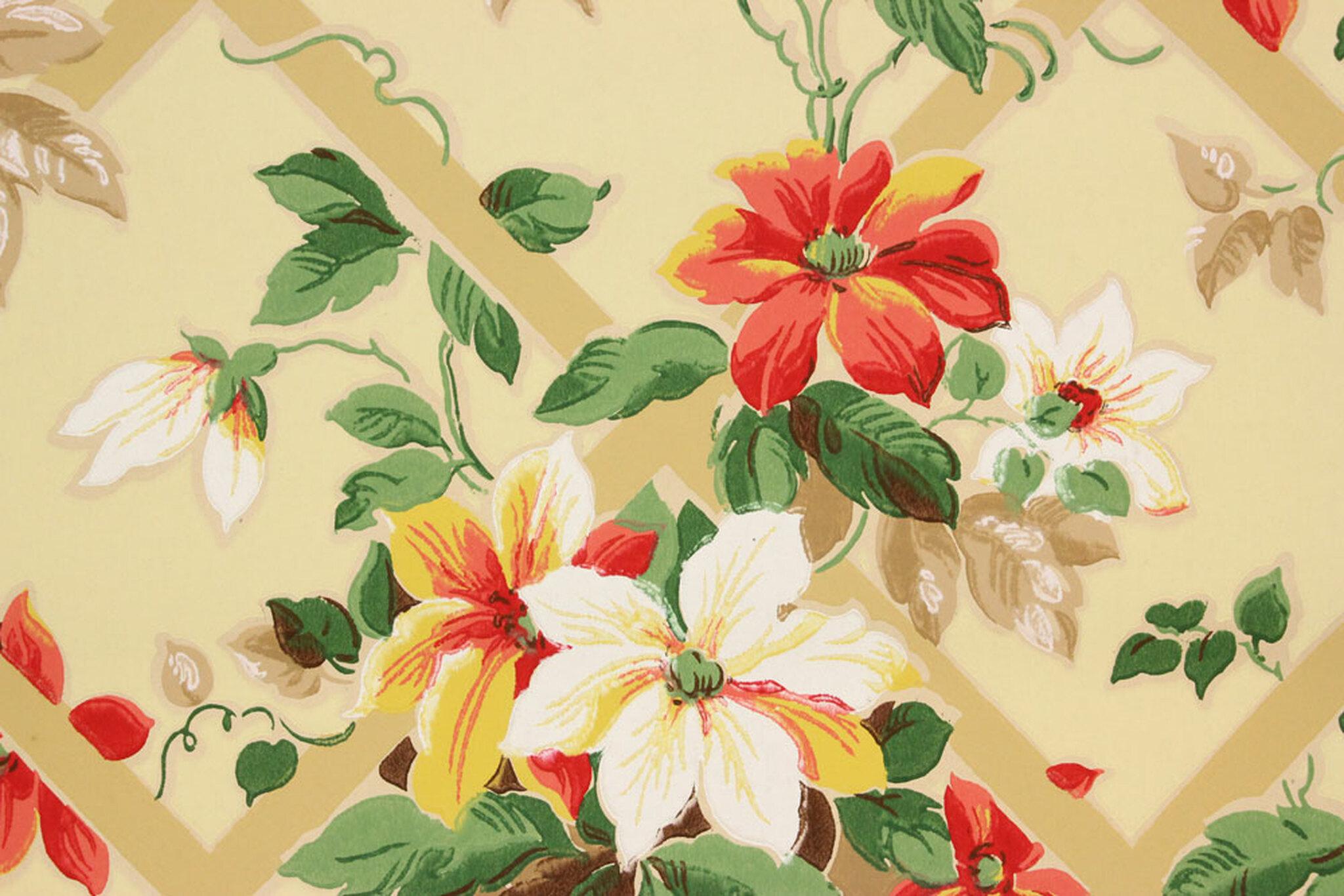 2048x1366 1930s Vintage Wallpaper Red and White Flowers Lattice's Vintage Wallpaper
