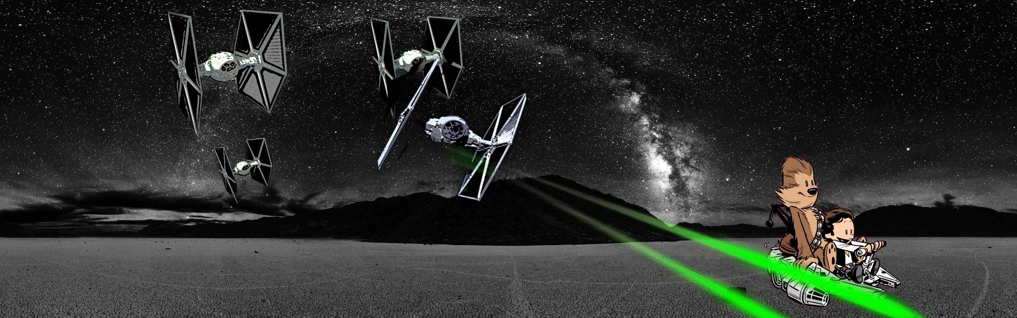 3360x1050 My First Attempt To Make A Dual Screen Wallpaper: Calvin & Hobbes Star Wars Death Valley Milky Way. How'd I Do?: Wallpaper