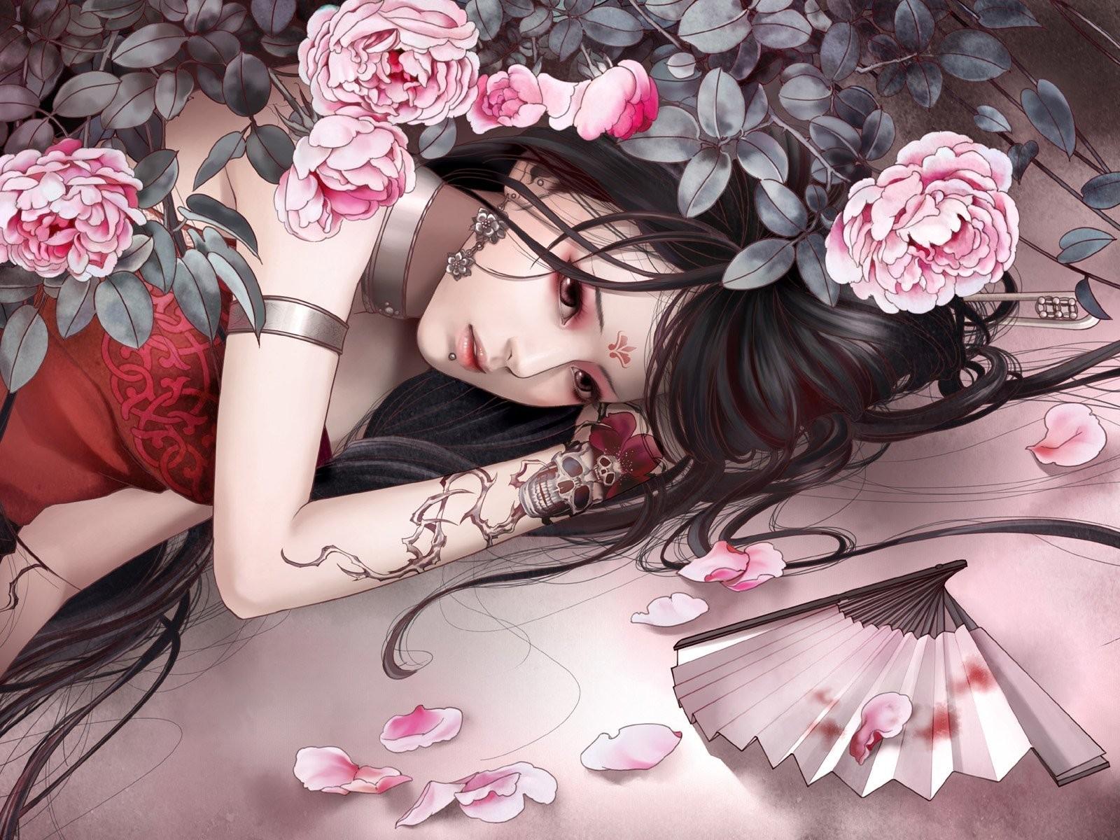 1600x1200 #tattoo, #anime, #flowers, #China, #fantasy girl, #original characters, #anime girls, #Zhang Xiao Bai, wallpaper. Mocah HD Wallpaper