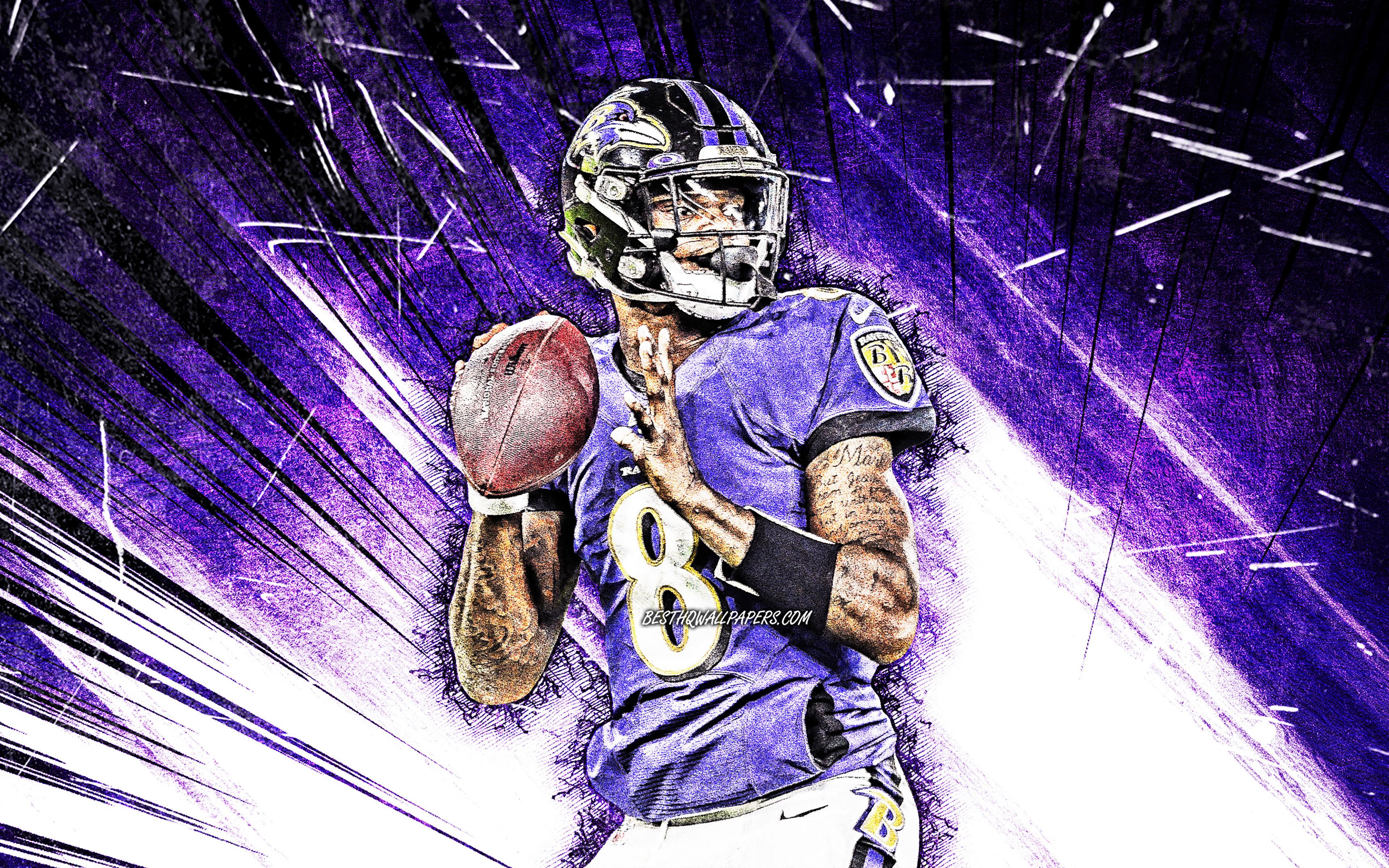 3840x2400 Download wallpaper 4k, Lamar Jackson, grunge art, Baltimore Ravens, american football, NFL, Lamar Demeatrice Jackson Jr, National Football League, violet abstract rays, Lamar Jackson Baltimore Ravens, Lamar Jackson 4K for desktop with