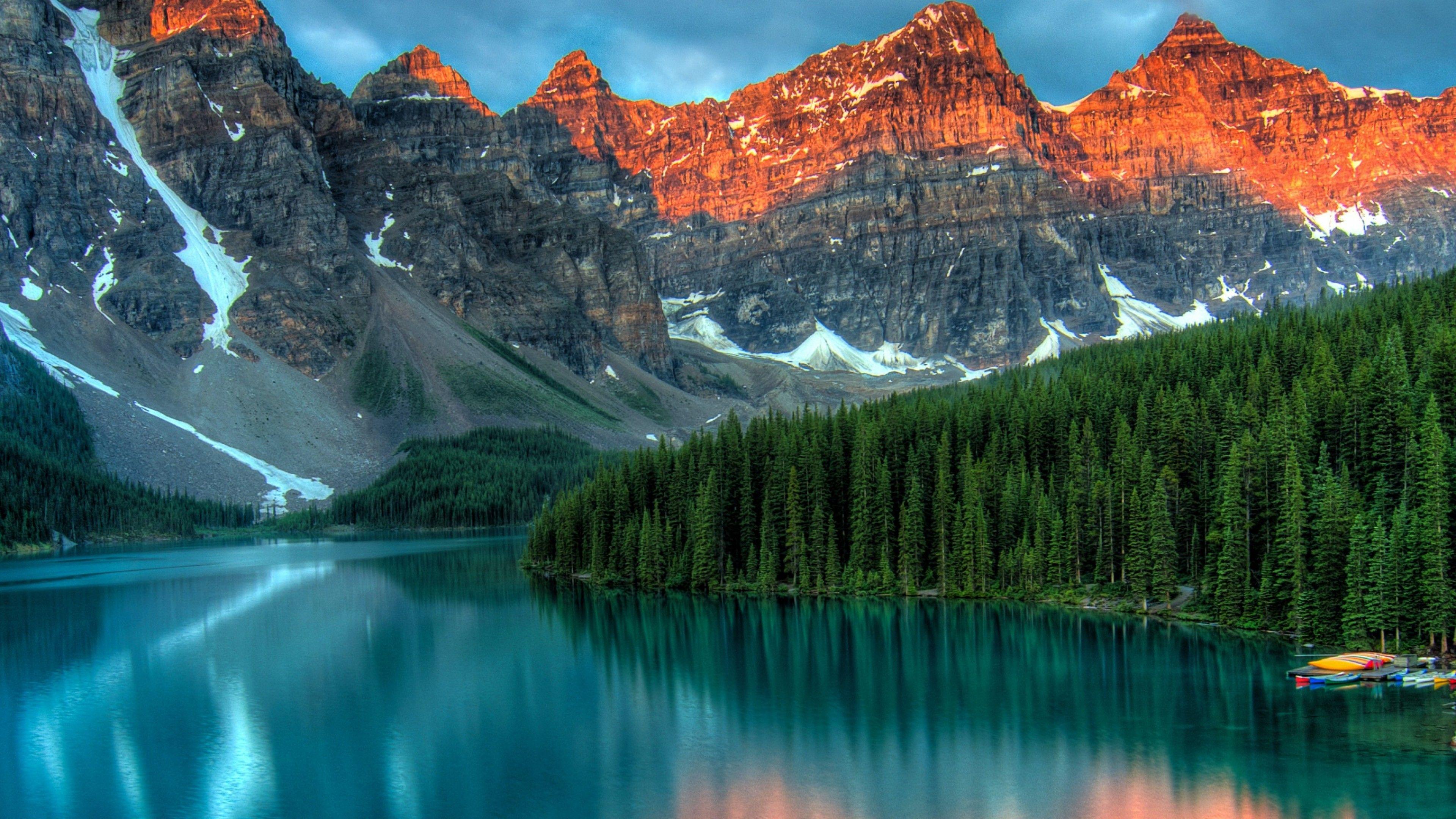 3840x2160 Hình nền Moraine Lake, Banff, Canada, Núi, rừng, 4k, Thiên nhiên