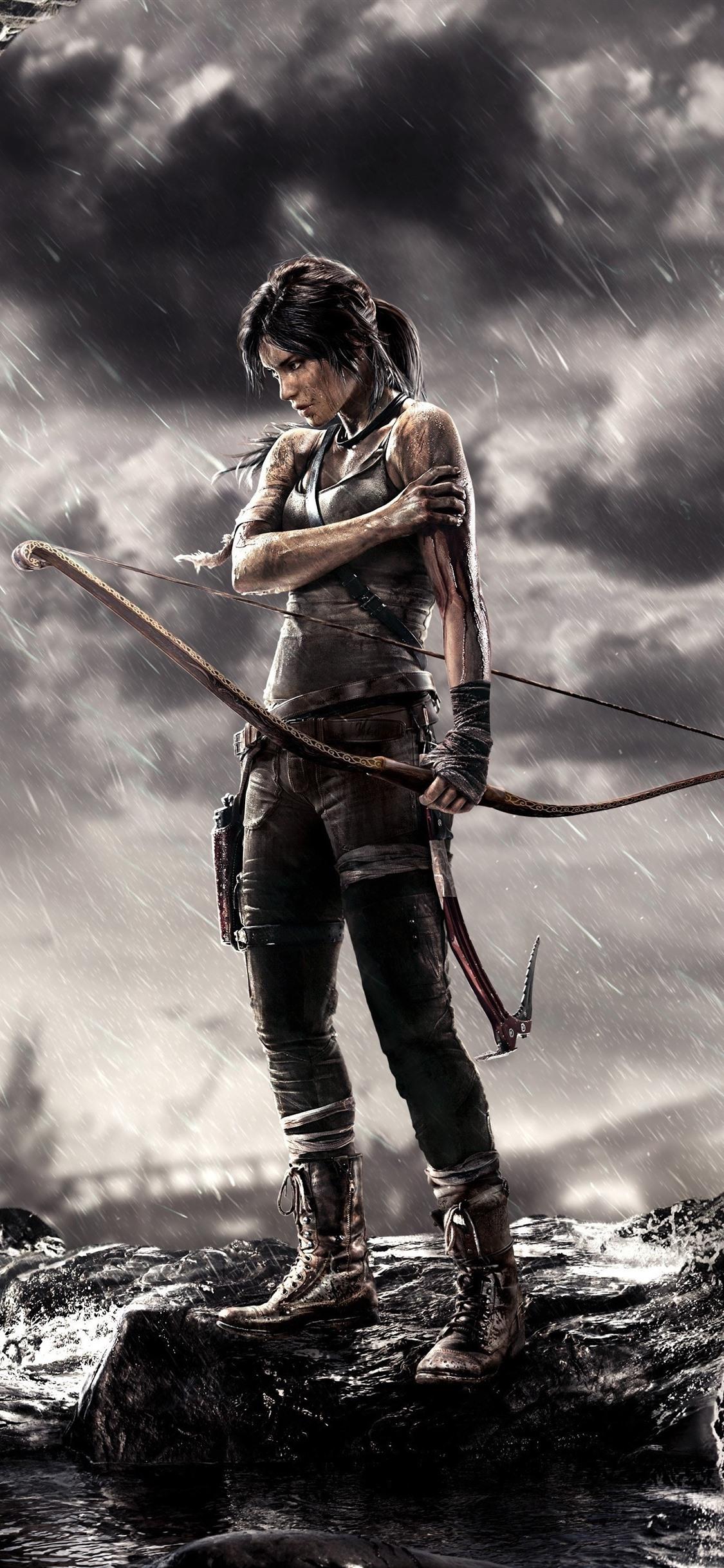 1125x2436 Tomb Raider, Lara Croft, Bow, Rainy 1242x2688 IPhone 11 Pro XS Max Wallpaper, Background, Picture, Image
