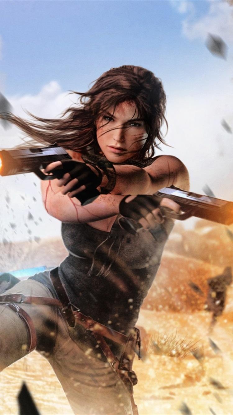 750x1334 Tomb Raider, Lara Croft, Guns, Explosions 750x1334 IPhone 8 7 6 6S Wallpaper, Background, Picture, Image