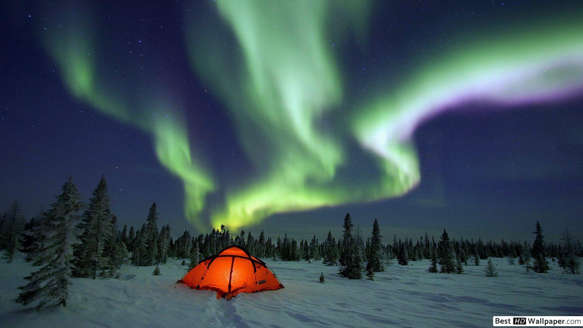 1920x1080 Aurora Borealis over Winter Campground HD wallpaper download