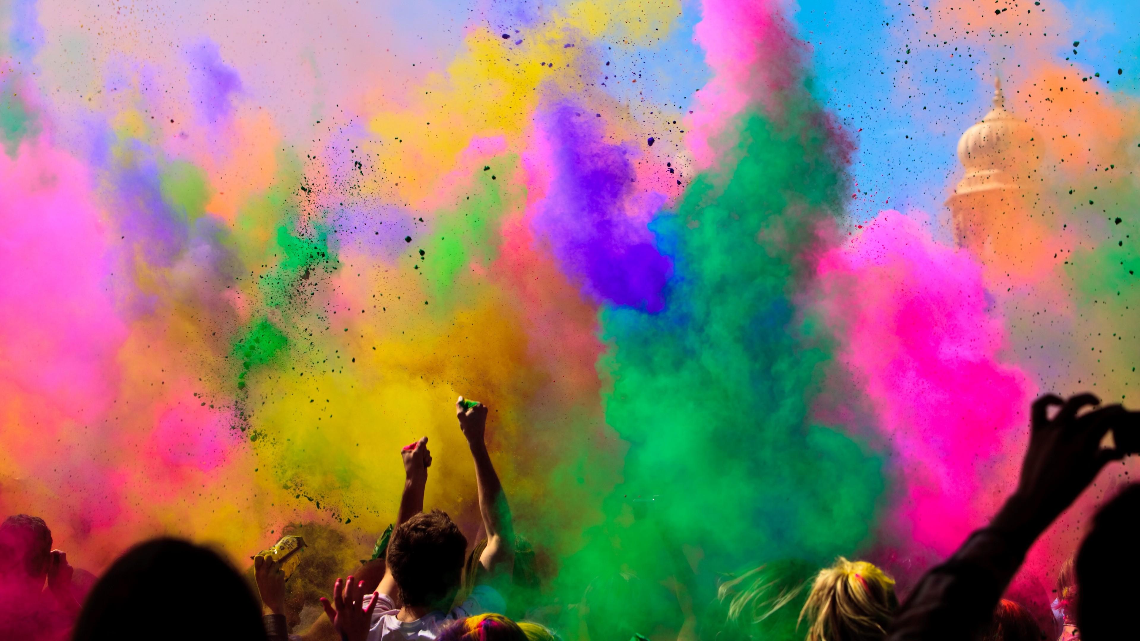 3840x2160 Wallpaper Holi Festival Of Colours, Indian holiday, spring, life, new moon, Holika, colored powder, event, Holidays