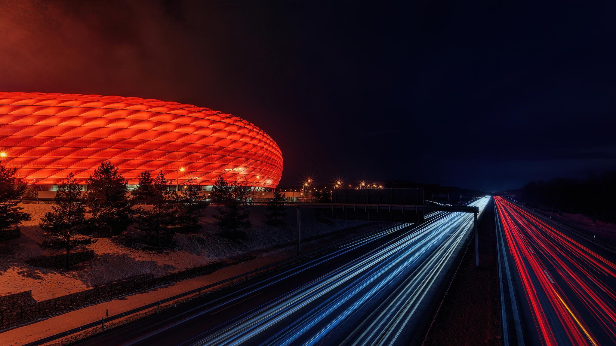 2048x1152 Munich Football Stadium At Night 2048x1152 Resolution HD 4k Wallpaper, Image, Background, Photo and Picture