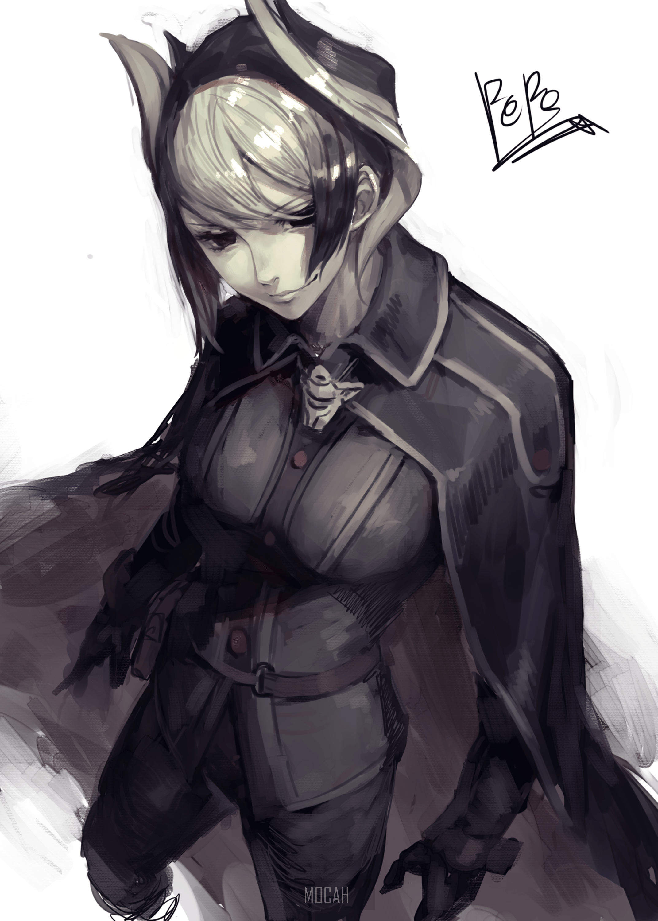 2144x3000 Made In Abyss, Anime Girl, Short Hair, Gray Hair, Multi Colored Hair, Black Hair, Big Boobs, Thick Thigh, Smiling, Black Clothes, Ozen (Made In Abyss), White Skin, Black Eyes, Black Gloves, Fan