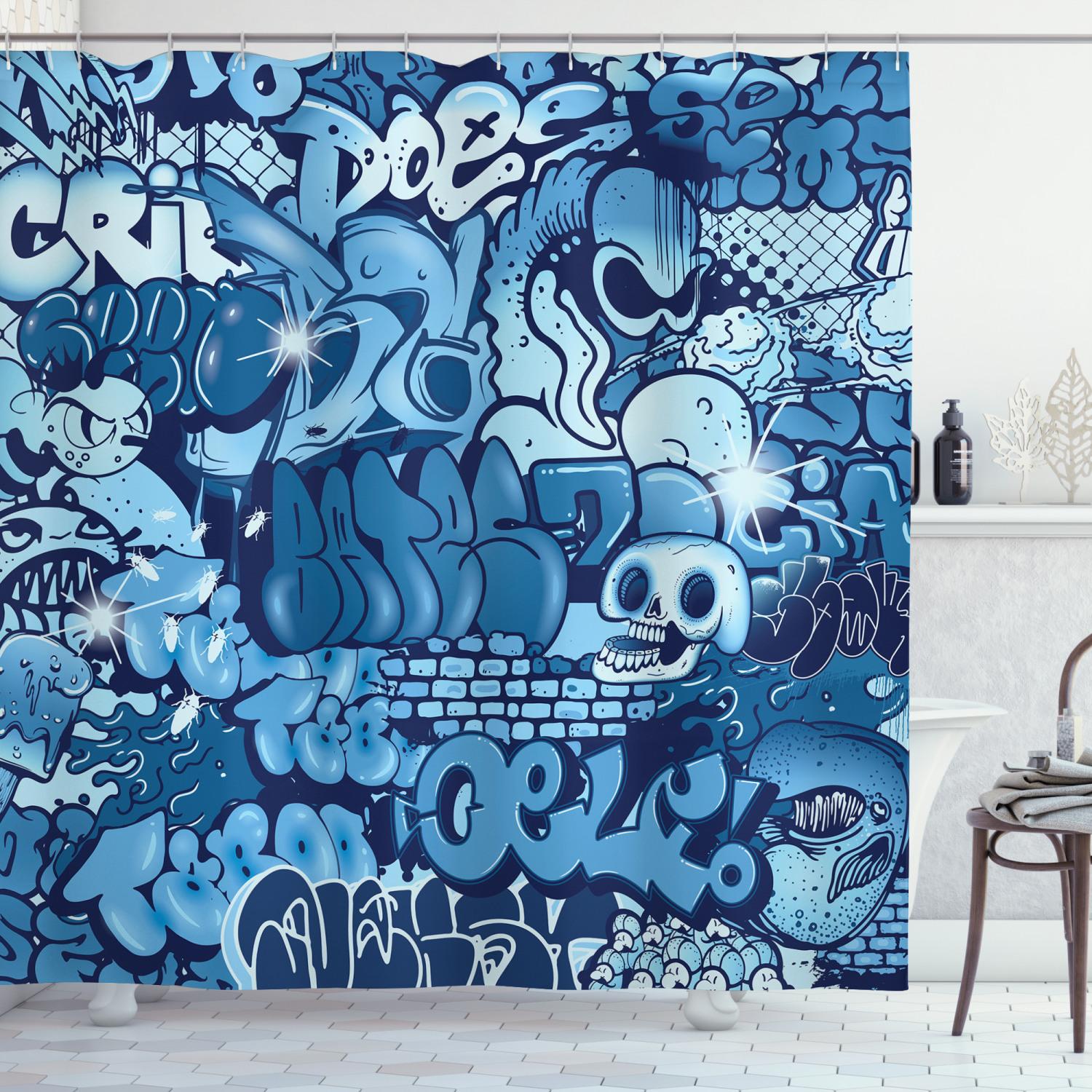 1500x1500 Urban Graffiti Shower Curtain, Xenomorph Alien and Skull on Aquatic Shaded Artistic Street Art, Fabric Bathroom Set with Hooks, 69W X 70L Inches, Navy Blue and Pale Blue, by