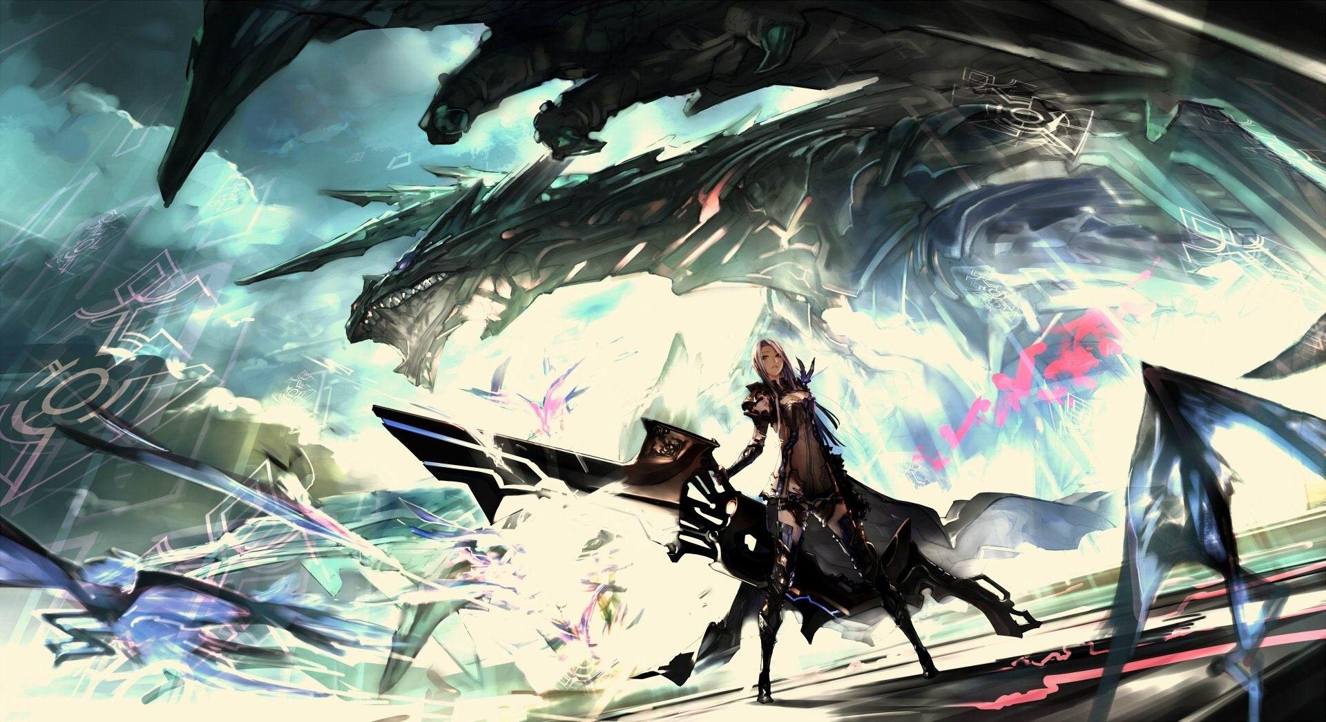 1920x1045 dragon, anime, futuristic, artwork, fantasy art, sword