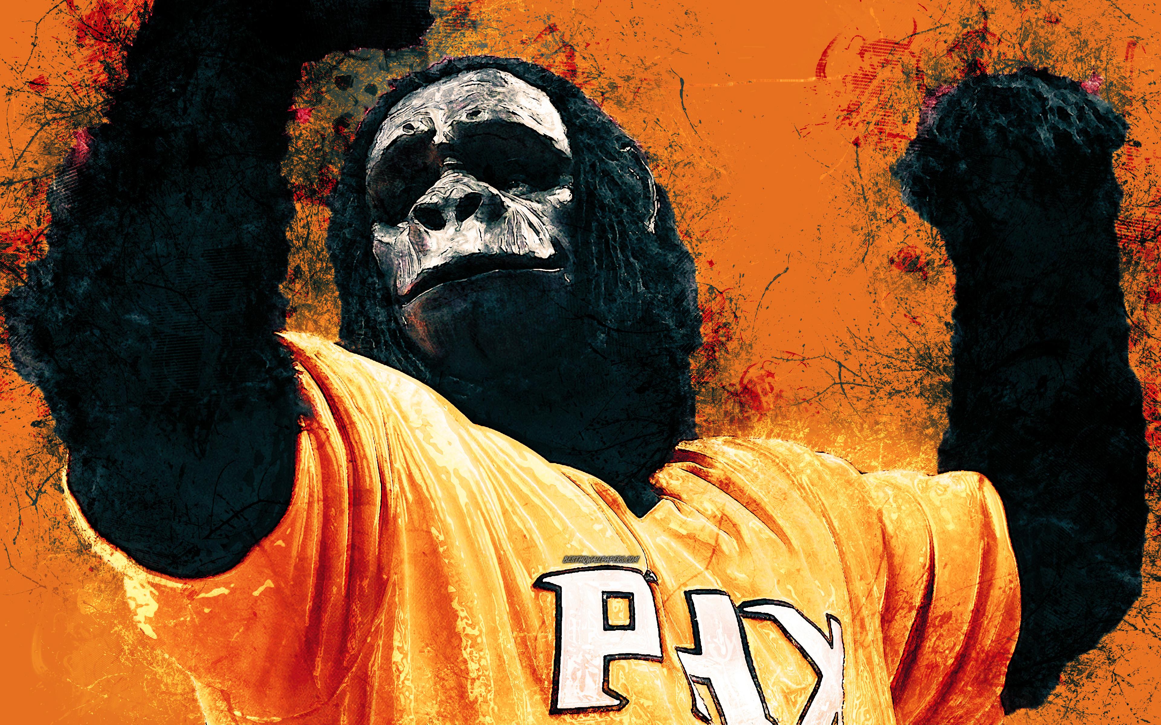 3840x2400 Download wallpaper Go the Gorilla, official mascot, Phoenix Suns, 4k, art, NBA, USA, grunge art, symbol, orange background, paint art, National Basketball Association, NBA mascots, Phoenix Suns mascot, basketball for desktop with