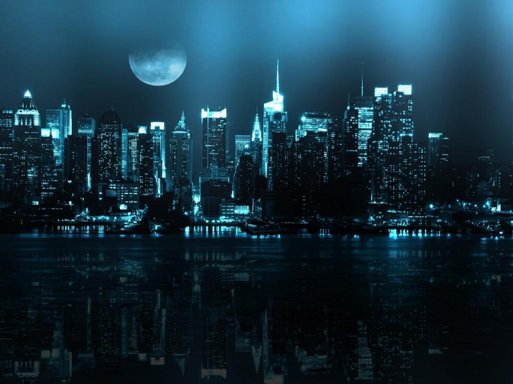 1024x768 New York Blue Neon Lighting Of The City Night View HD Wallpaper :