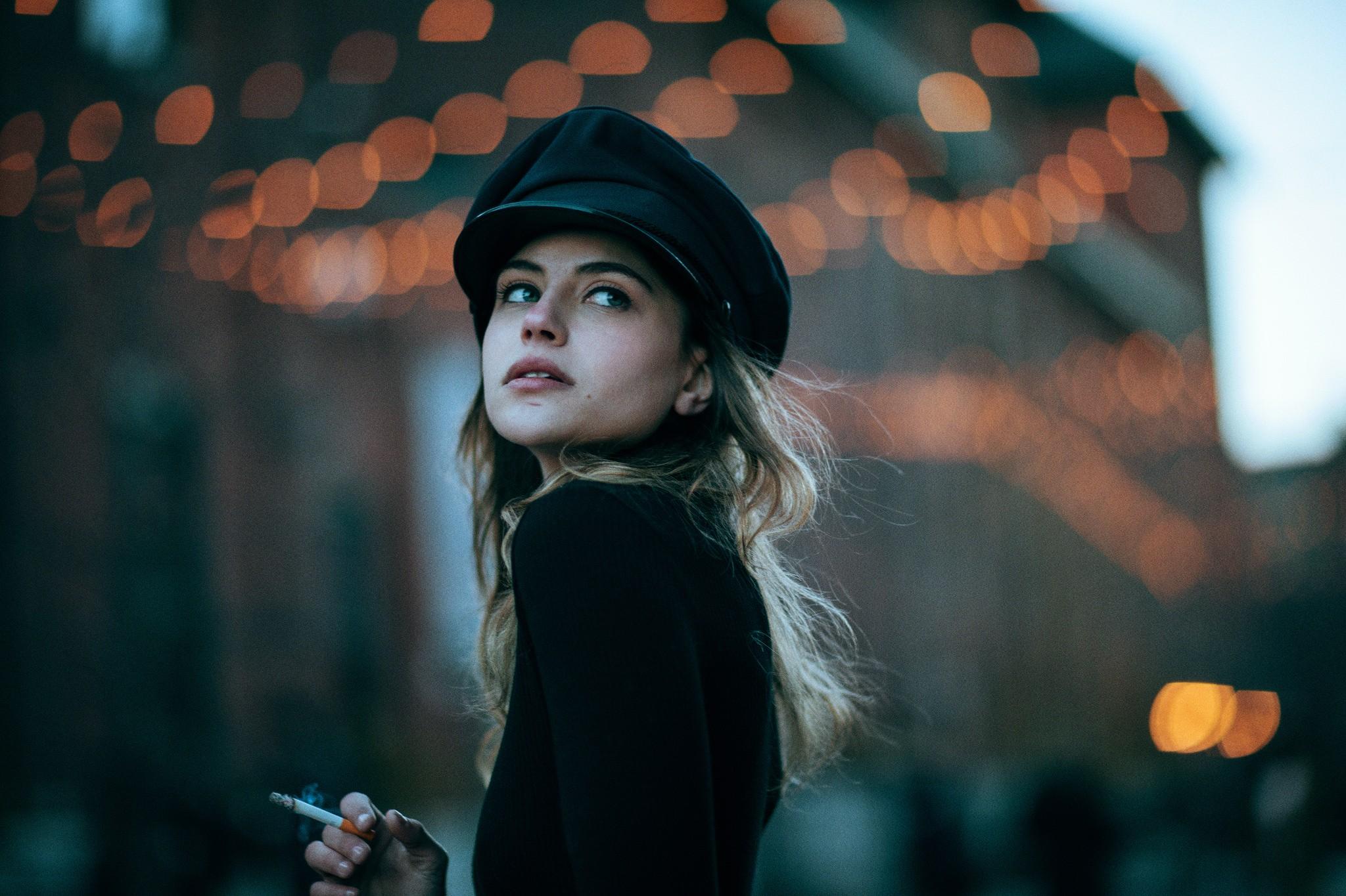 2048x1365 #looking away, #smoking, #model, #hat, #women outdoors, #women, # cigarettes, #scars, #black clothing, wallpaper. Mocah HD Wallpaper