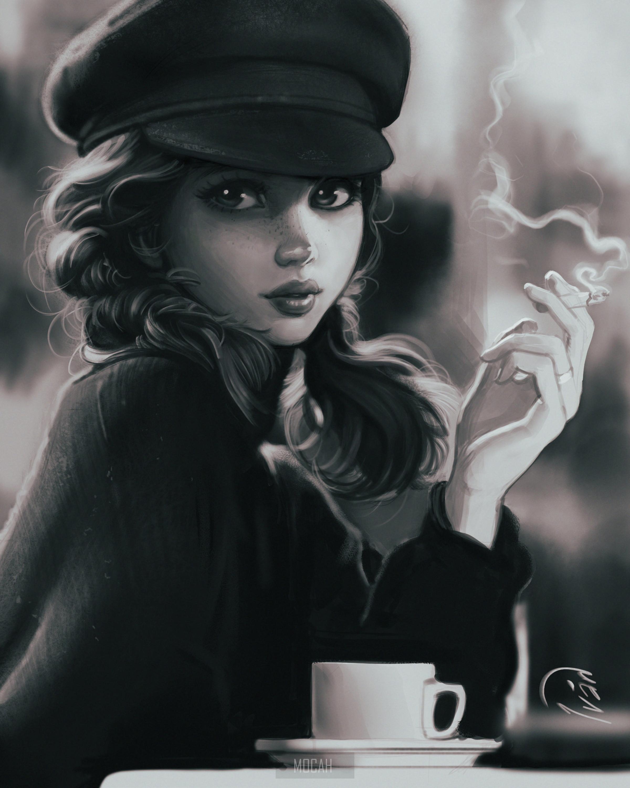 2400x3000 concept art, women, people, portrait, painting, Ivan Talavera, monochrome, smoking wallpaper hd, 2400x3000 HD Wallpaper
