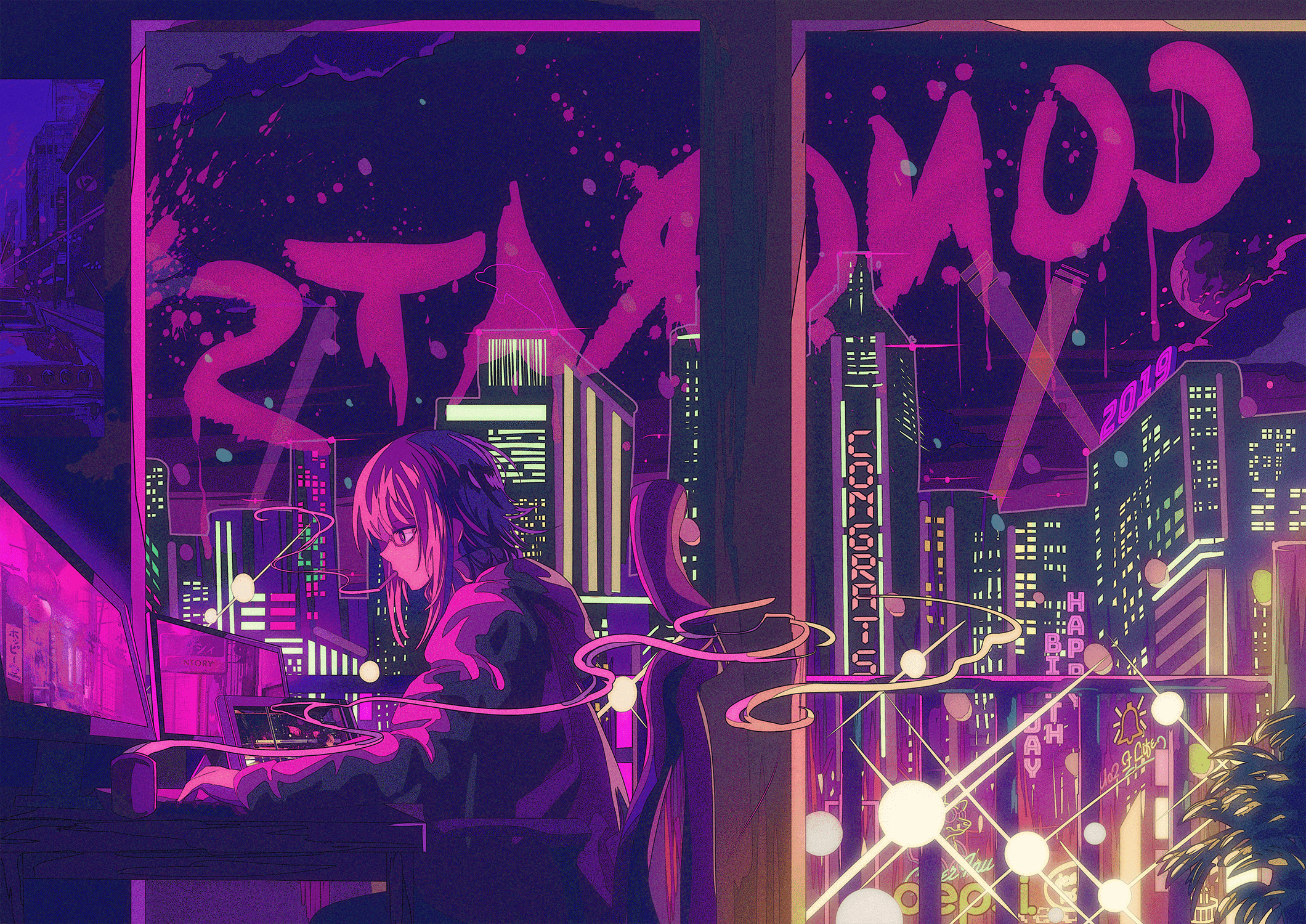 2120x1500 Wallpaper / cigarettes, night, city, computer, polychrome