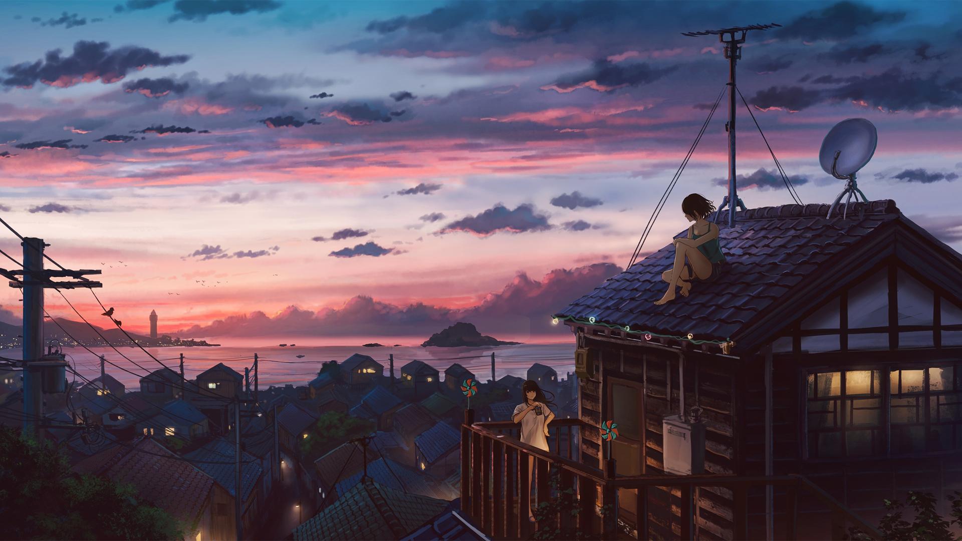 1920x1080 Seaside town girl sitting on the roof beautiful anime scenery wallpaper