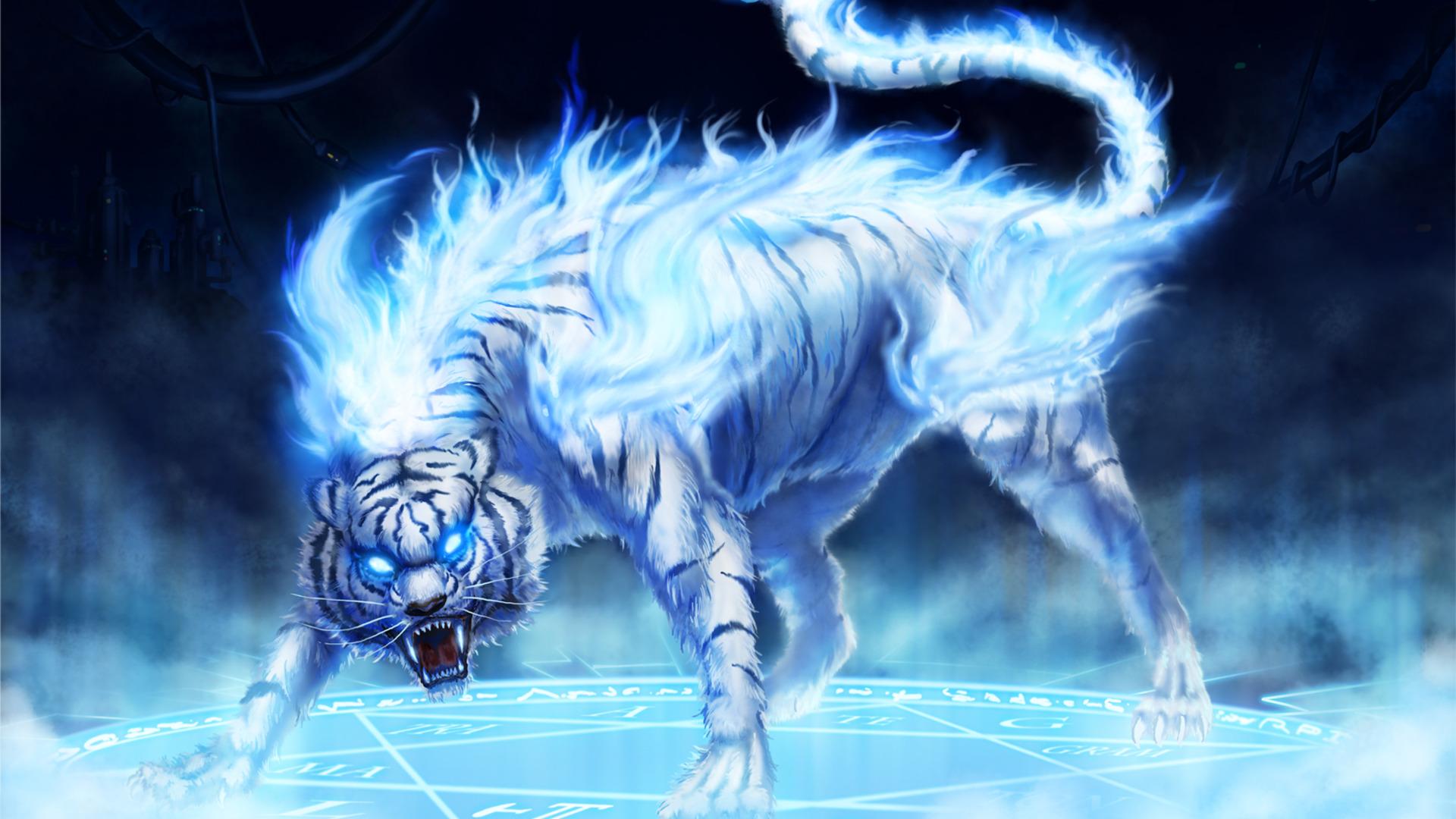 1920x1080 Flames Ice Tigers Artwork Blue Background HD wallpaper