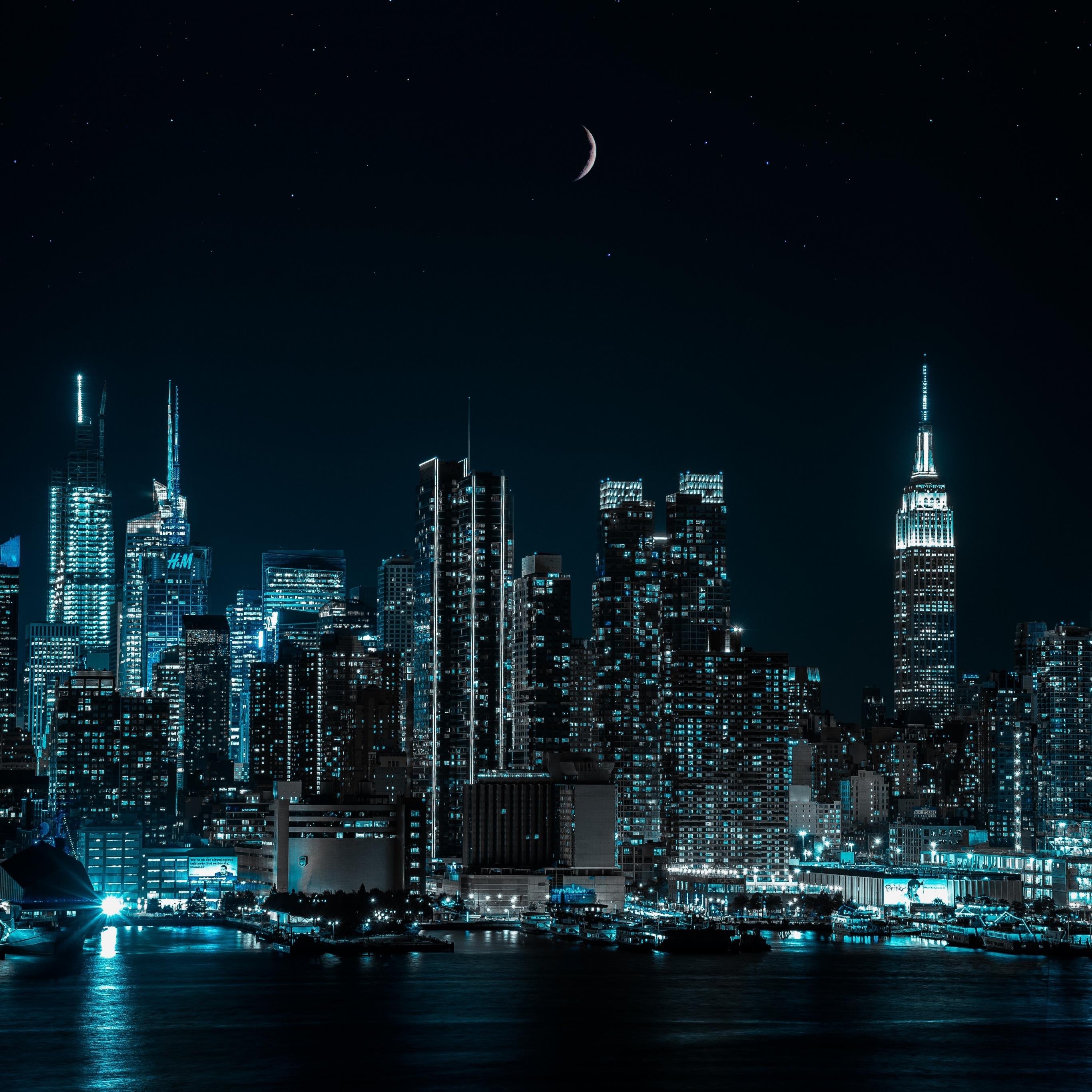 2732x2732 New York City Wallpaper 4K, Cityscape, Night, City lights, Half moon, 5K, World