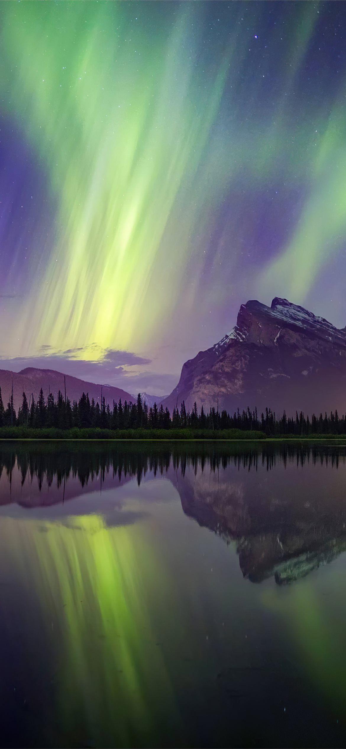 1170x2532 aurora borealis mountains lake reflection banff na. #northernlights #nature #aurora k. Landscape paintings acrylic, Aurora borealis, Mountain lake