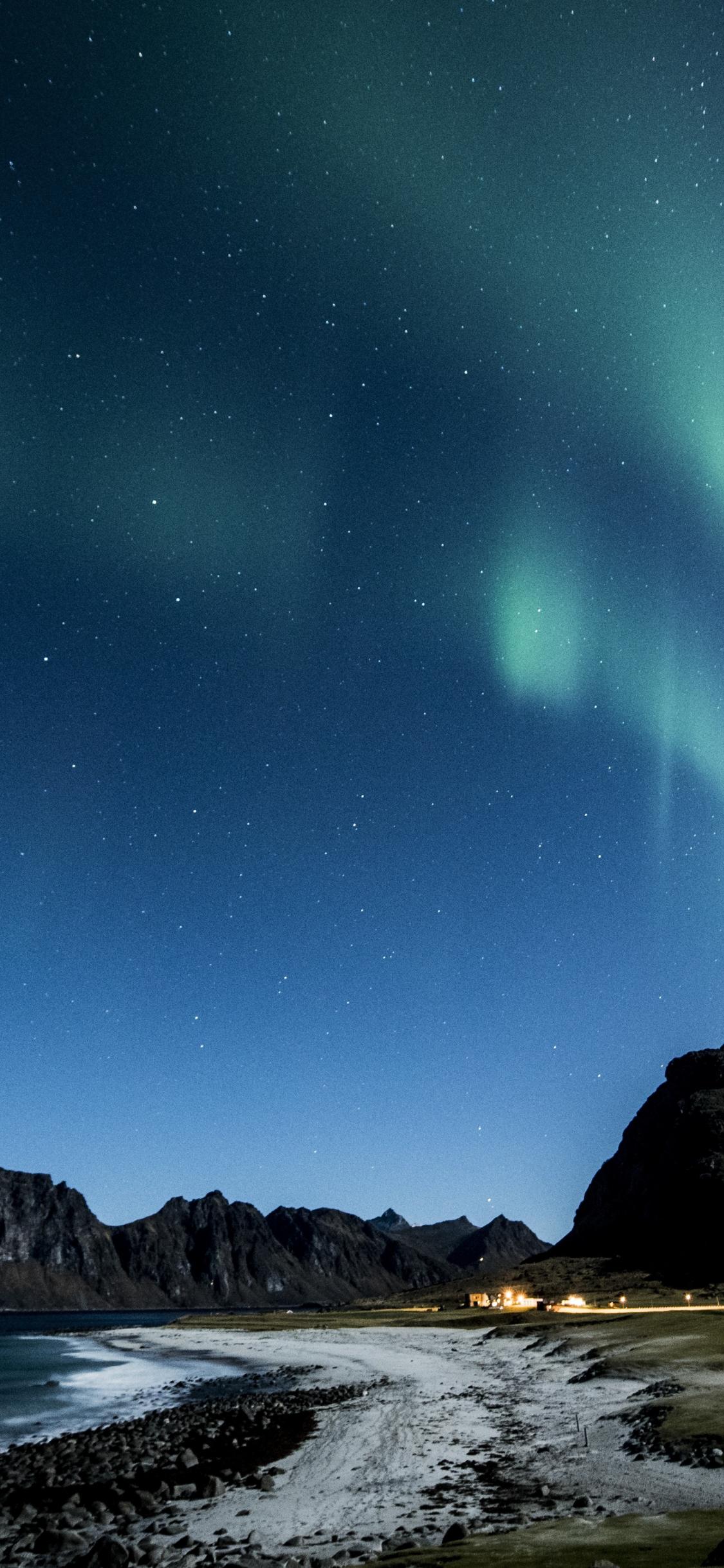 1125x2436 Download 1125x2436 wallpaper aurora borealis, landscape, green lights, sky, iphone x 1125x2436 HD image, background, 18937