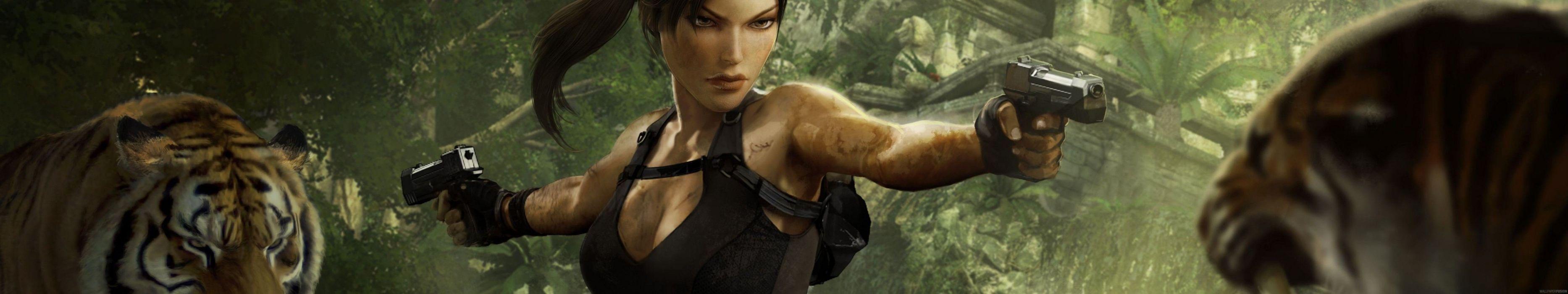 3733x700 Triple screen monitor jeu video raider lara croft wallpaperx1080