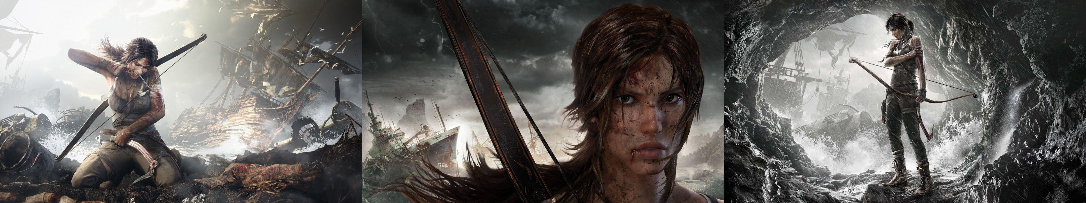 3733x700 Triple screen monitor jeu video raider lara croft wallpaperx1080