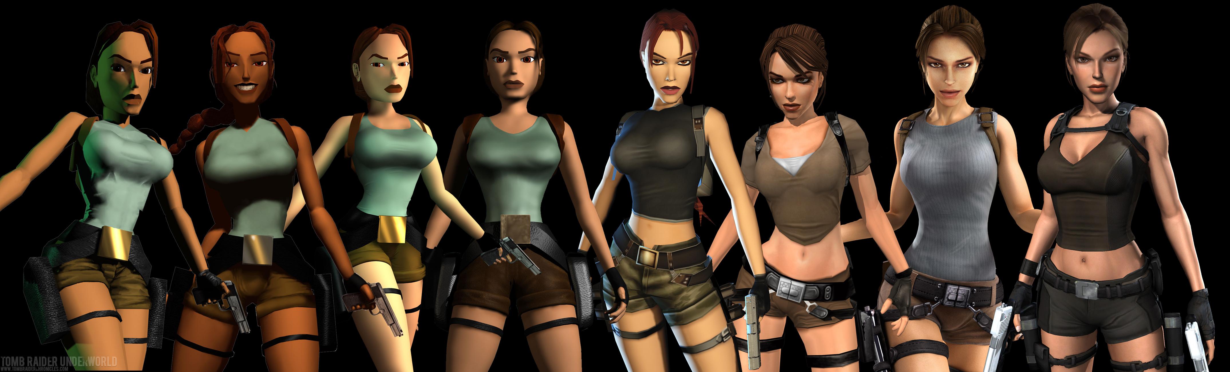 4298x1300 Lara Croft Graphic Evolution Wallpaperx1300