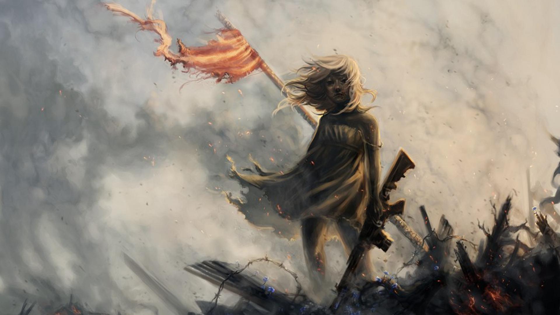 1920x1080 Soviet girl war weapons flag art art fantasy dark anarchy wallpaperx1080