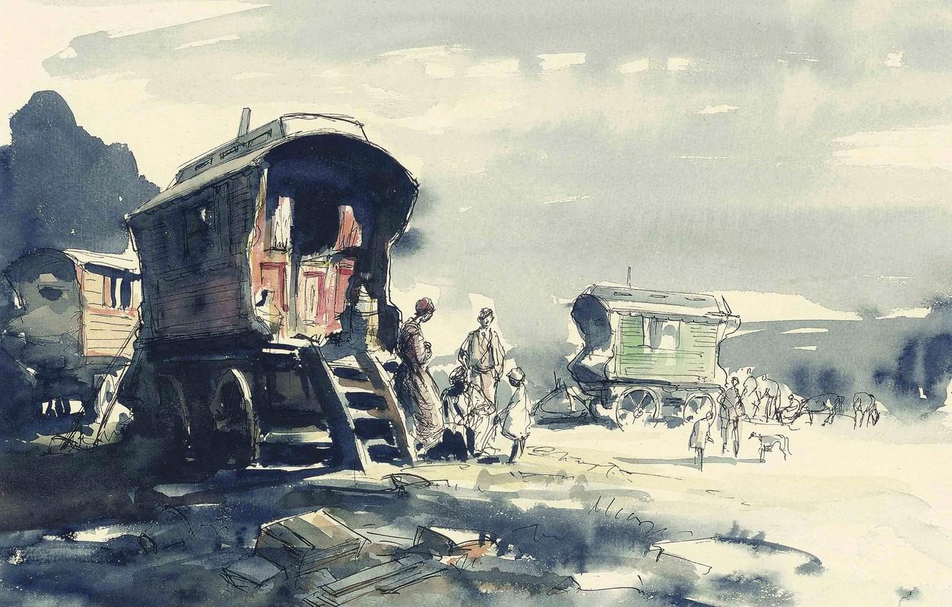 1332x850 Wallpaper picture, watercolor, Edward Seago, Gypsy Camp image for desktop, section живопись
